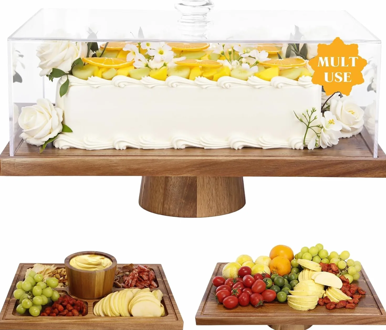 Présentoir à gâteaux rectangulaire en bois d'acacia de 43 cm avec couvercle - Plateau de service et présentoir à desserts 2 en 1, dôme à gâteaux en acrylique incassable (43 cm)