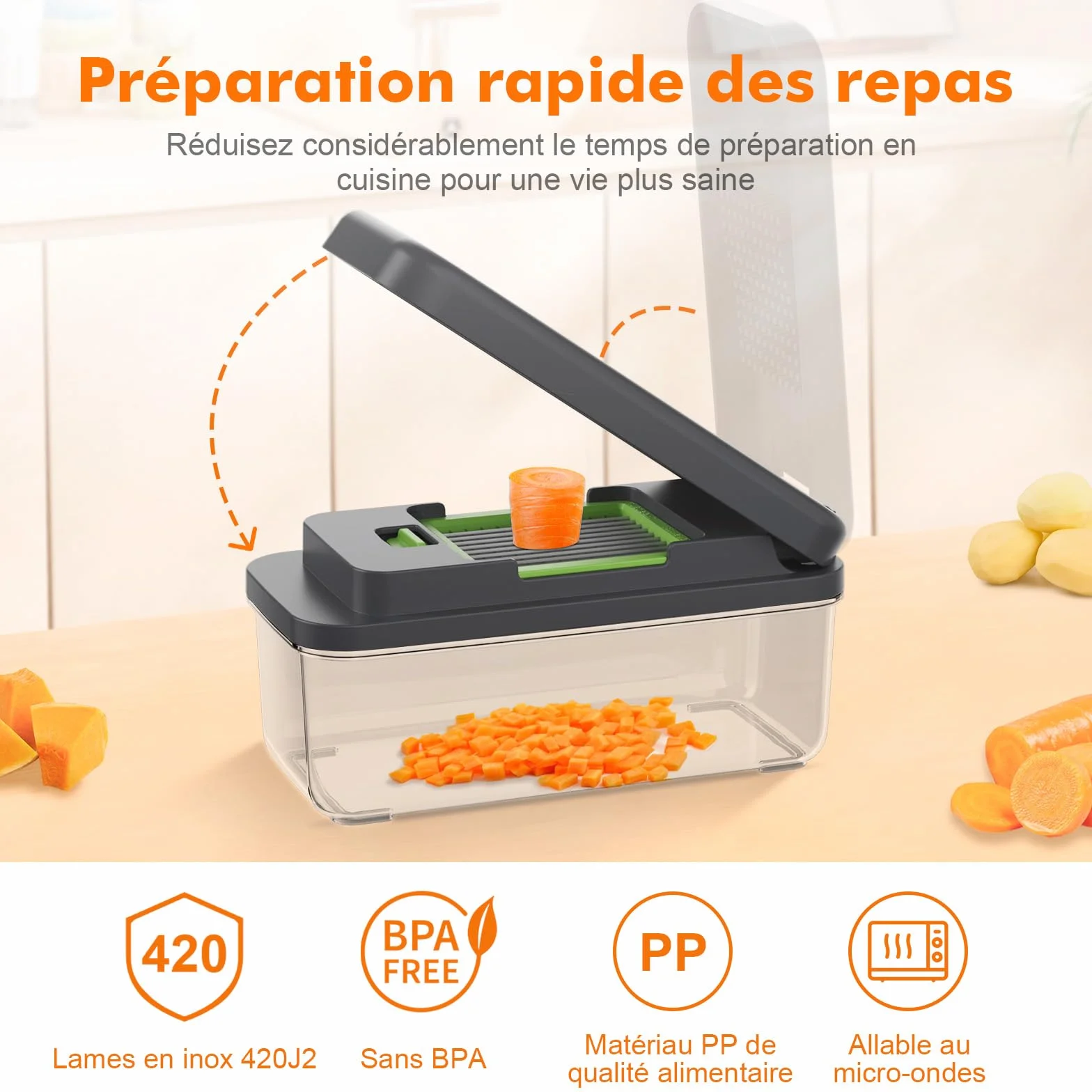 Ibergrif M524-7 Mandoline de Cuisine Professionnelle 8 en 1 Coupe-Légumes Multifonctions avec Bac Collecteur