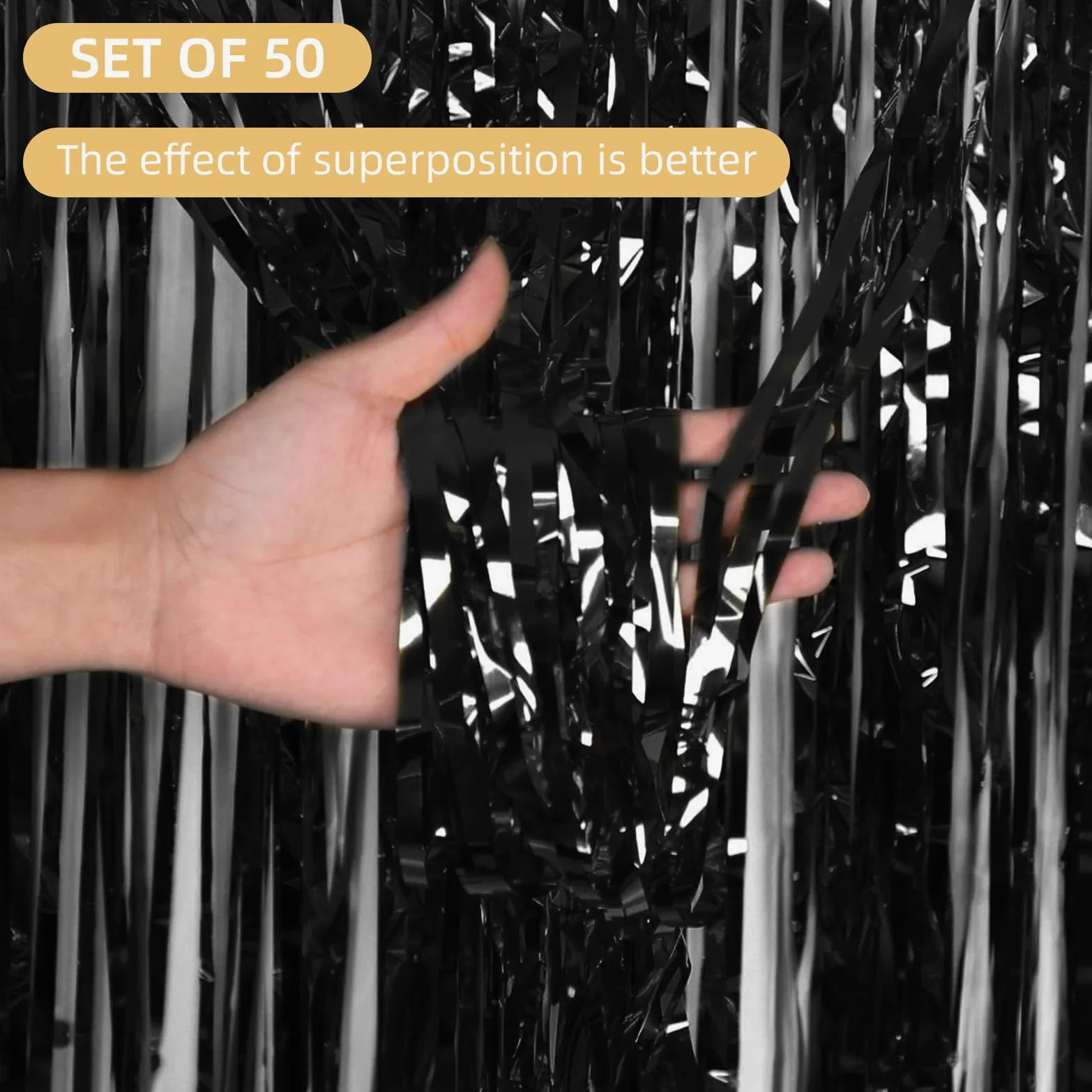 Lot de 50 rideaux à franges en feuille d'aluminium métallique pour décoration de fête d'anniversaire, cabine photo, 1 x 2,5 m, noir