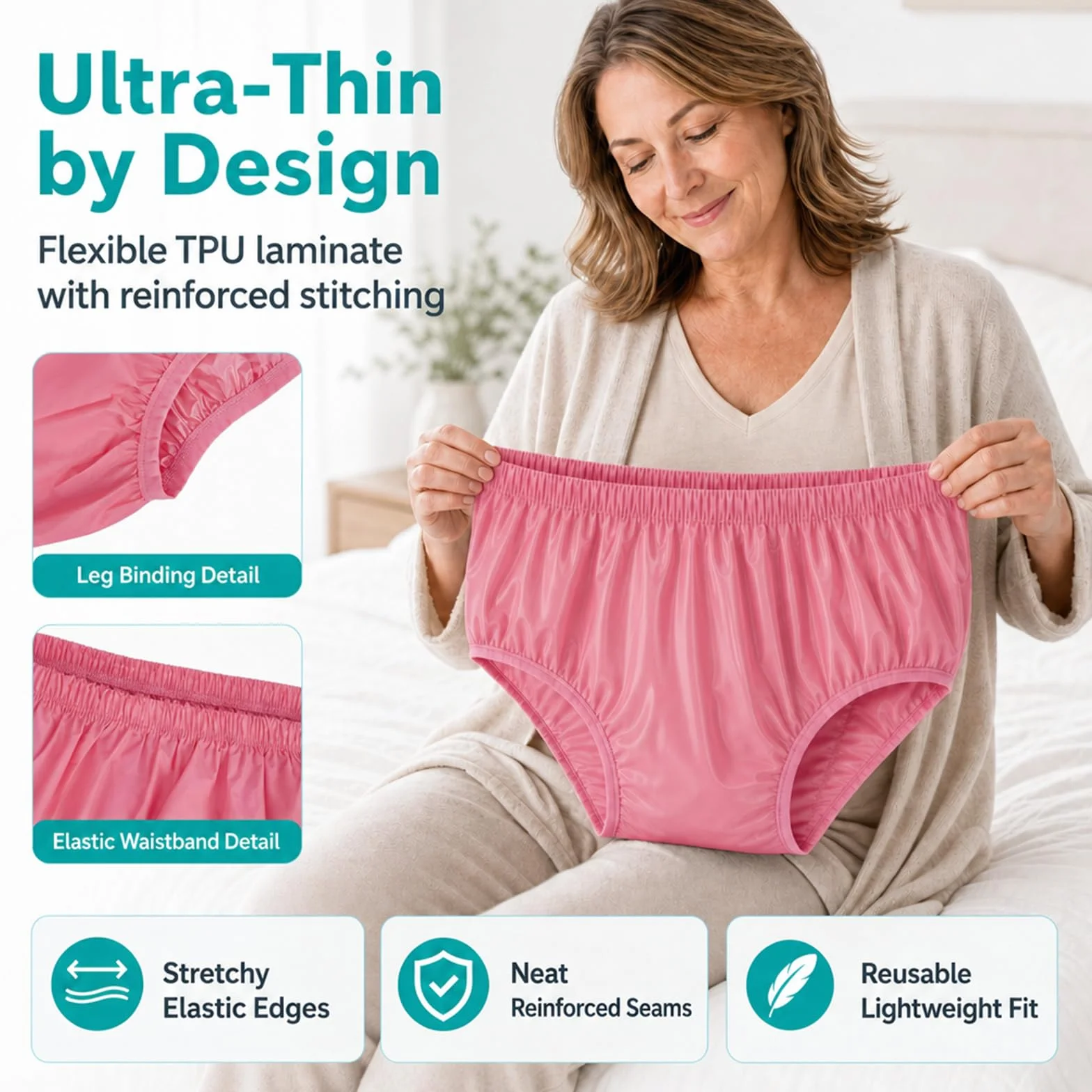 AQX Culottes étanches incontinence adulte lavables réutilisables taille M rose