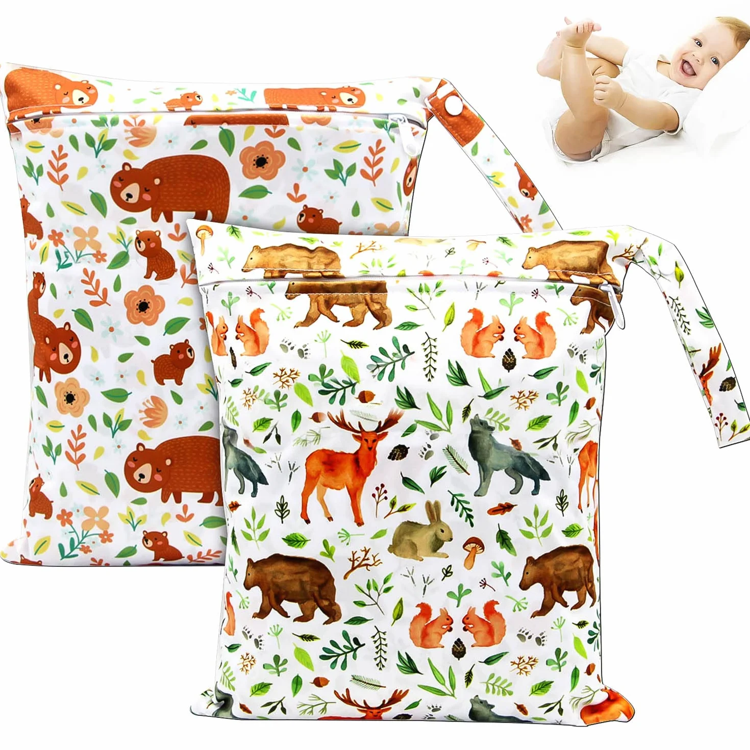 Sacs à Couches Lavables Étanches pour Bébé 2 Pièces Faune