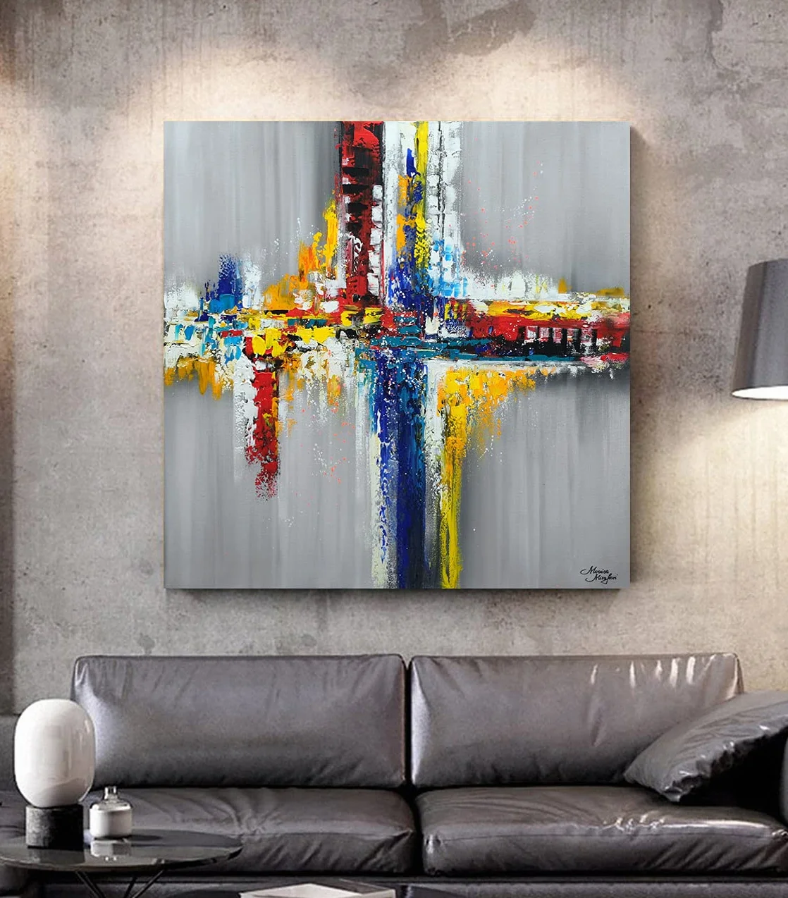 Tableau Peint à la Main 90x90 cm Toile sur Cadre en Bois Monica Mirafiori