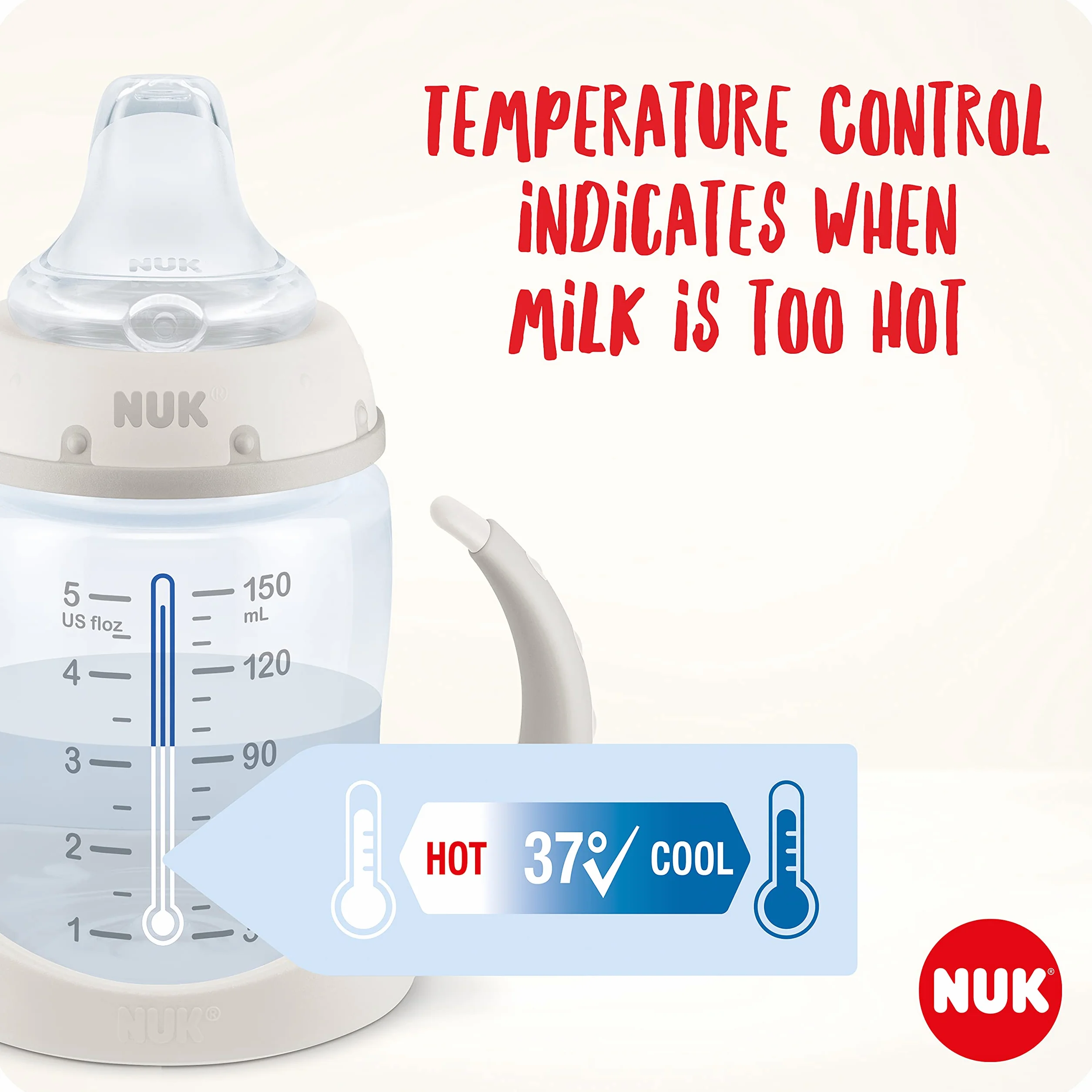 NUK First Choice Tasse d’Apprentissage 150 ml 6-18 mois Poignées ergonomiques Bec verseur silicone Étanche Anti-colique Contrôle température Blanc
