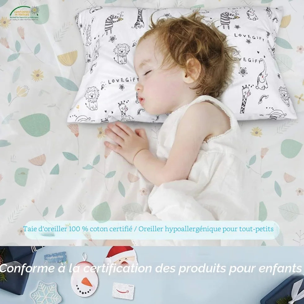 Oreiller pour Enfant 33 x 45 cm Hypoallergénique 100% Coton Biologique Lavable Machine