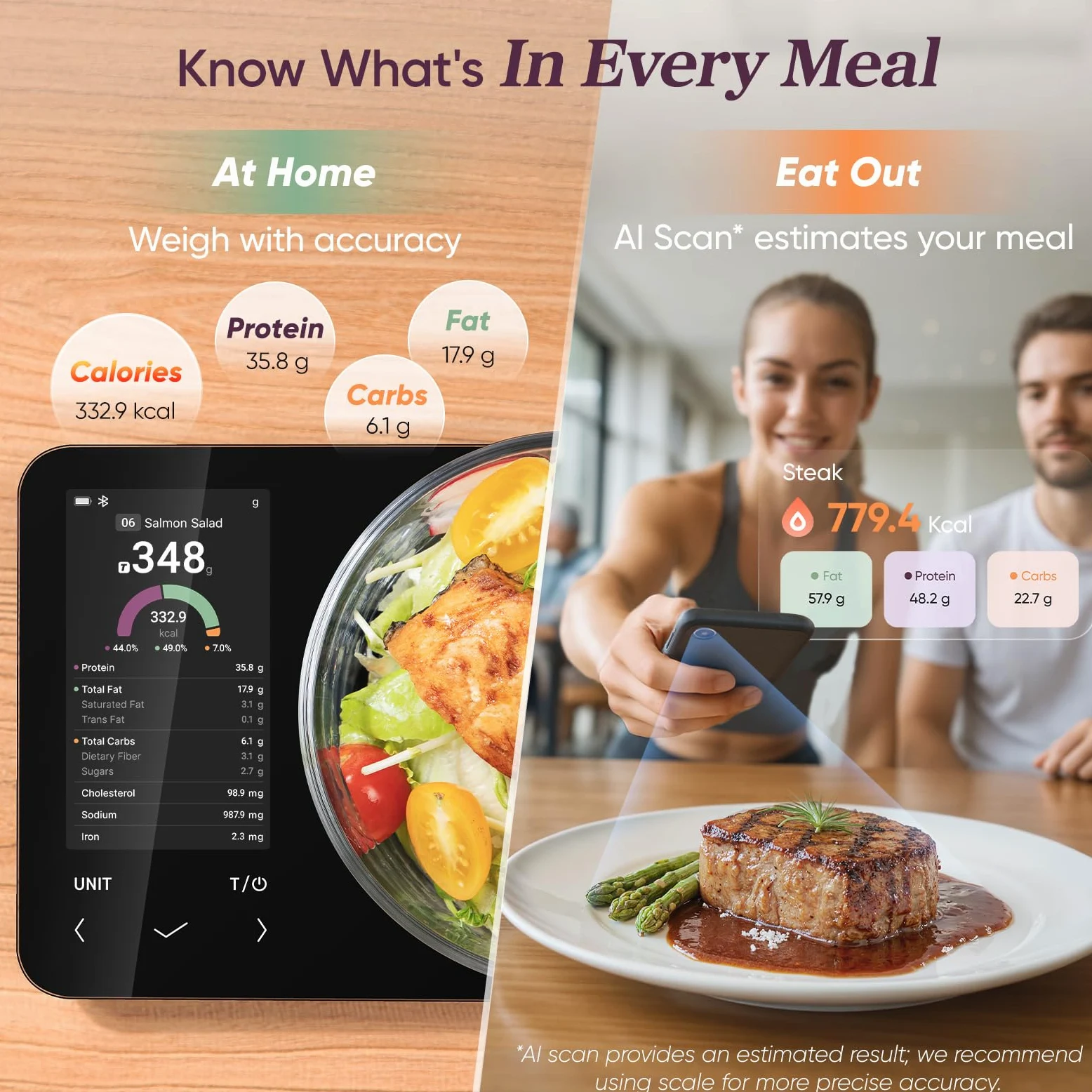 COSORI Balance de cuisine numérique intelligente avec calculatrice nutritionnelle, informations nutritionnelles à l'écran, application gratuite pour le suivi des calories et des macros, analyse AI