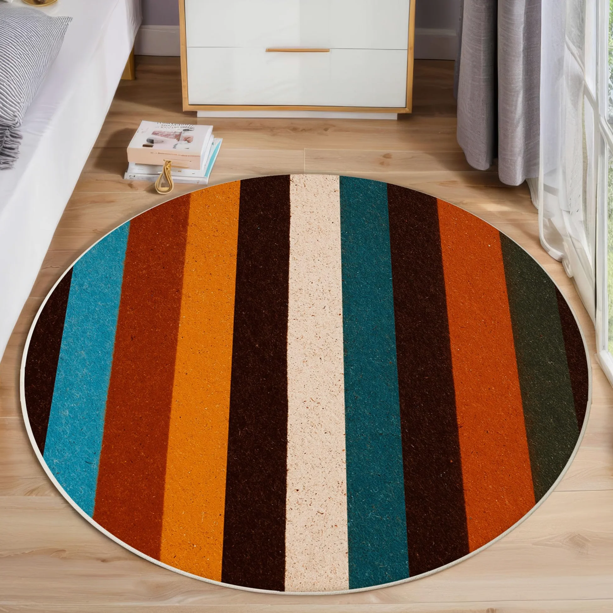 Tapis Rond De Chambre 120 Cm - Patchwork Rayé Rétro Terracotta - Motif Géométrie Simple - Moelleux Et Antidérapant - Tapis De Salon À Poils Courts - Lavable - Moderne Et Doux