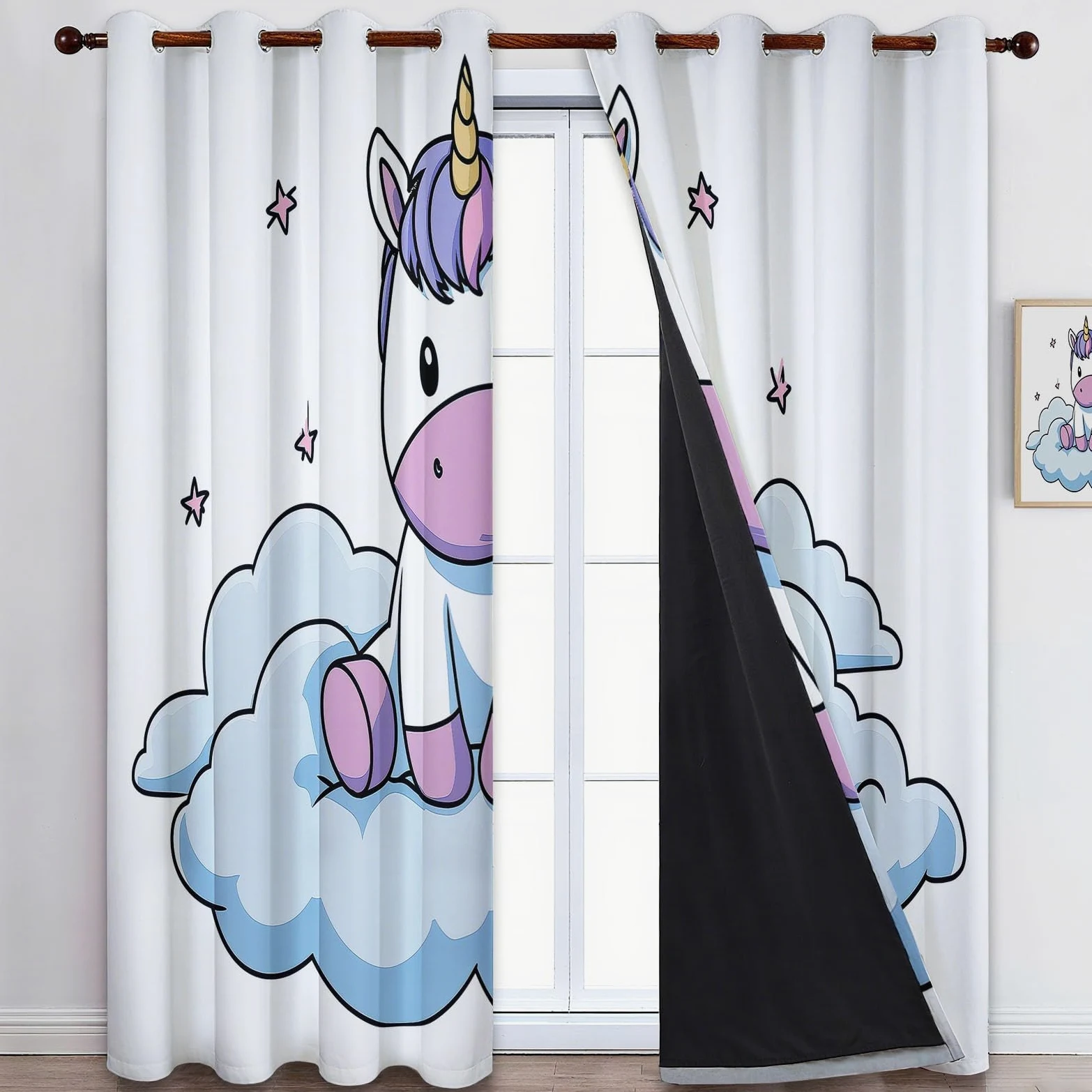 Générique Rideaux Opaques en Licorne Nuages Dessin Animé, Rideau Occultant en Polyester Blanc, Rideaux Thermique Isolant Anti-Froid Décoration de Fenêtre pour Salon Chambre Lot de 2 110L x 215H cm