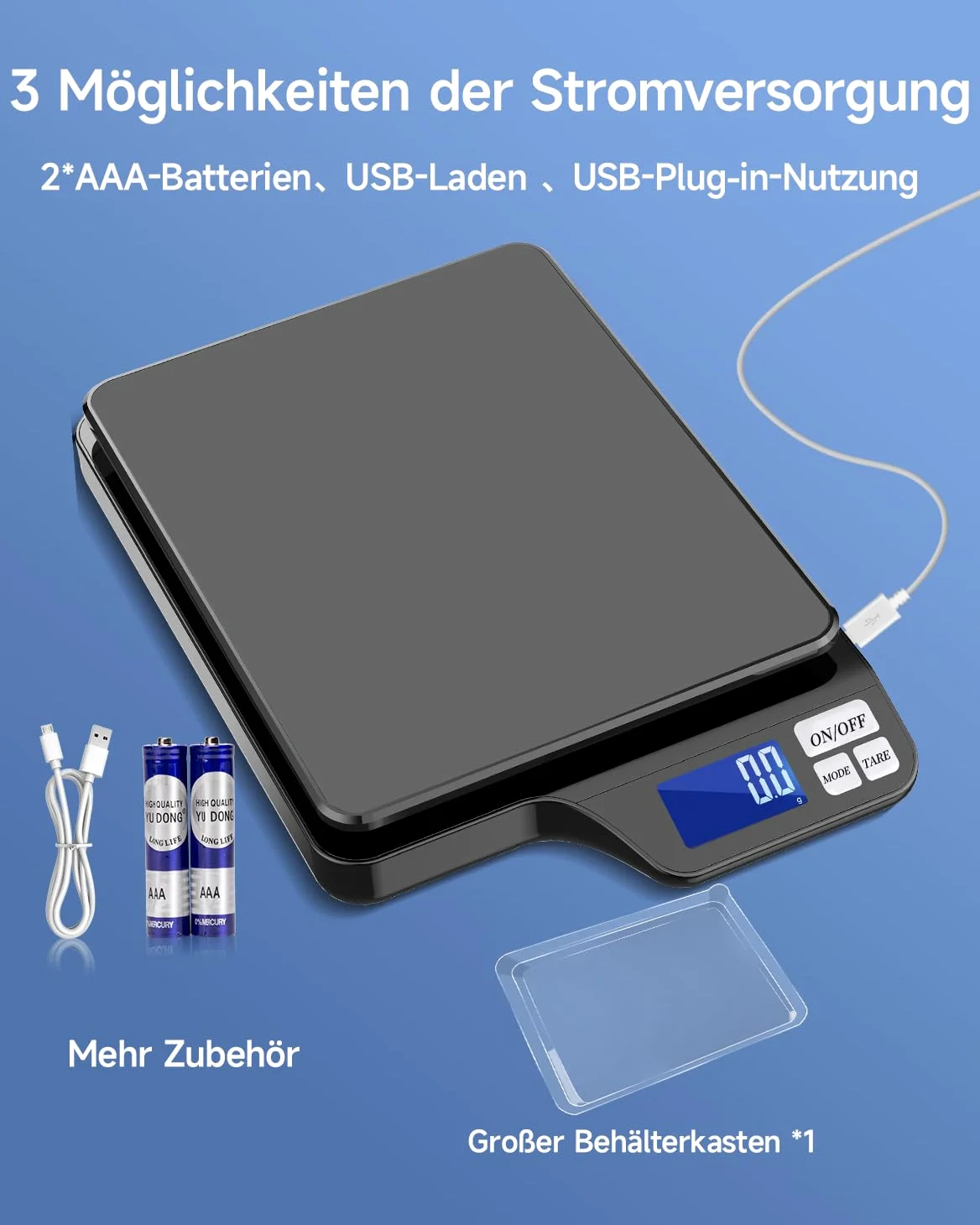 Balance de cuisine numérique - Chargement USB - Fonction tare - 5 kg/0,1 g - Grande balance de cuisine en acier inoxydable - Pour la cuisson et la cuisson - Mesure des ingrédients, des bijoux, etc