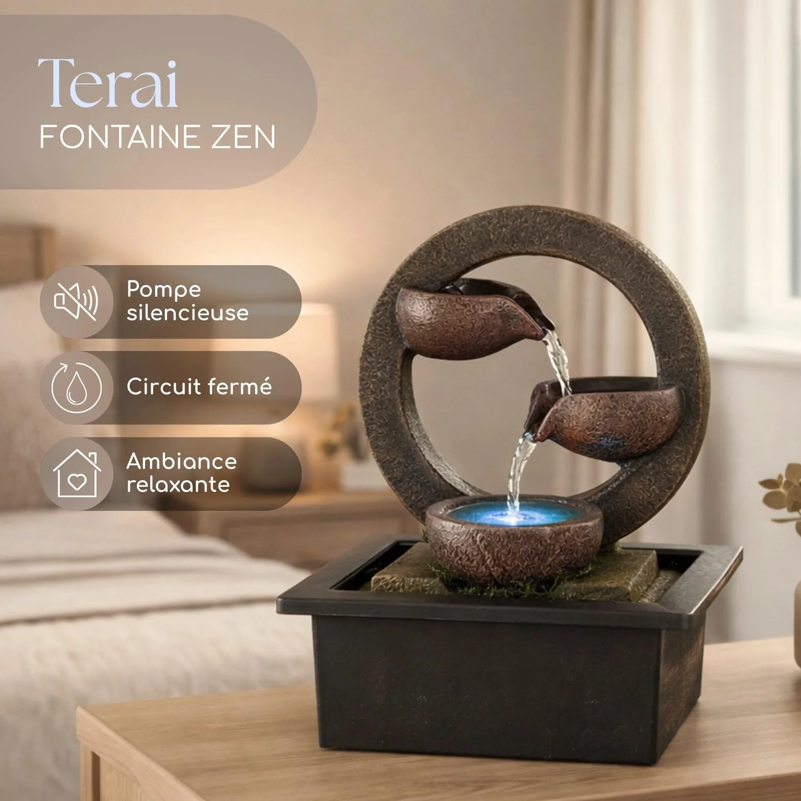 ZEN'LIGHT Fontaine d'Intérieur Zen Terai, Éclairage LED Multicolore, Pompe Silencieuse, 17 x 21 x 25 cm