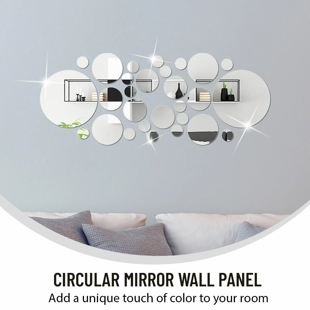 JEYORZY Lot de 32 miroirs autocollants muraux en acrylique ronds et flexibles pour salon, chambre à coucher