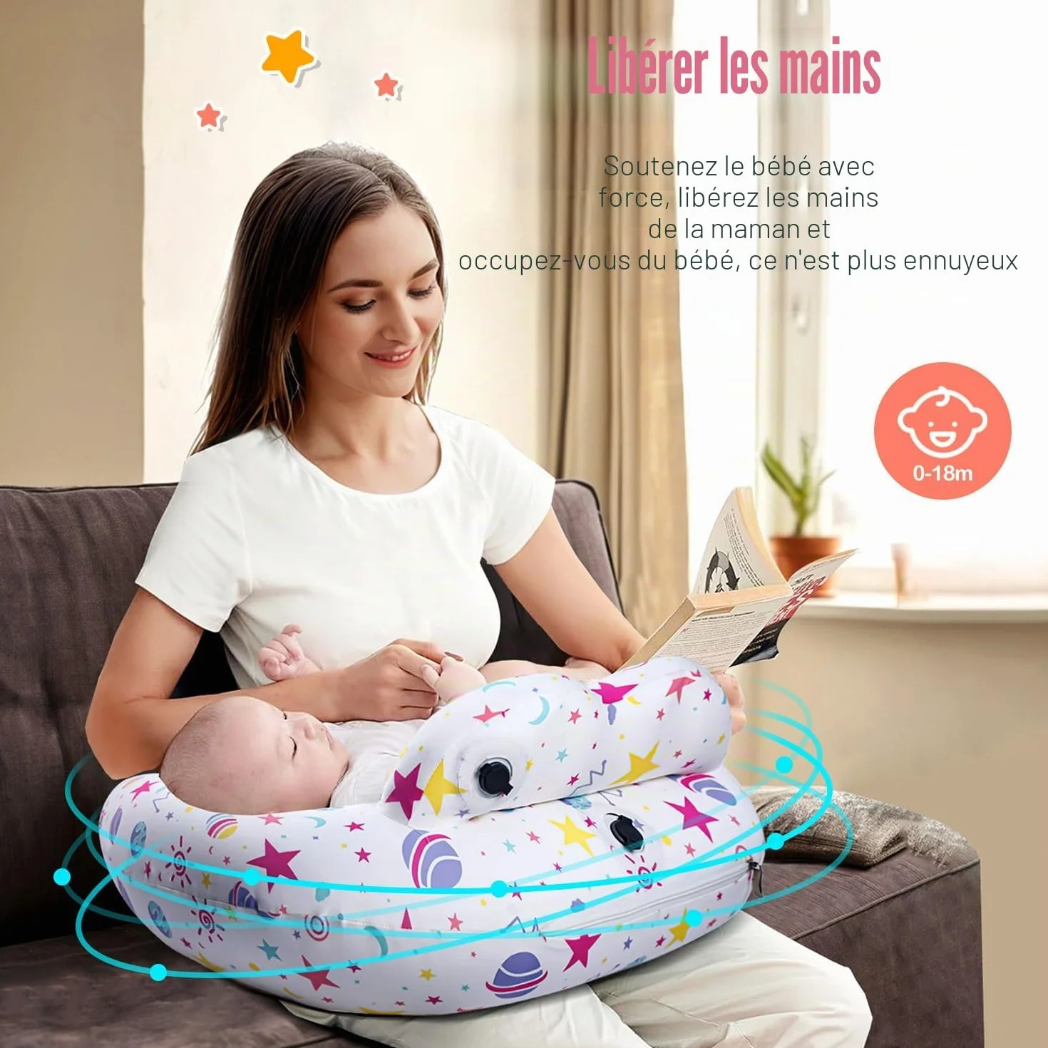 Coussin d'allaitement gonflable de voyage avec ceinture réglable et housse amovible en coton