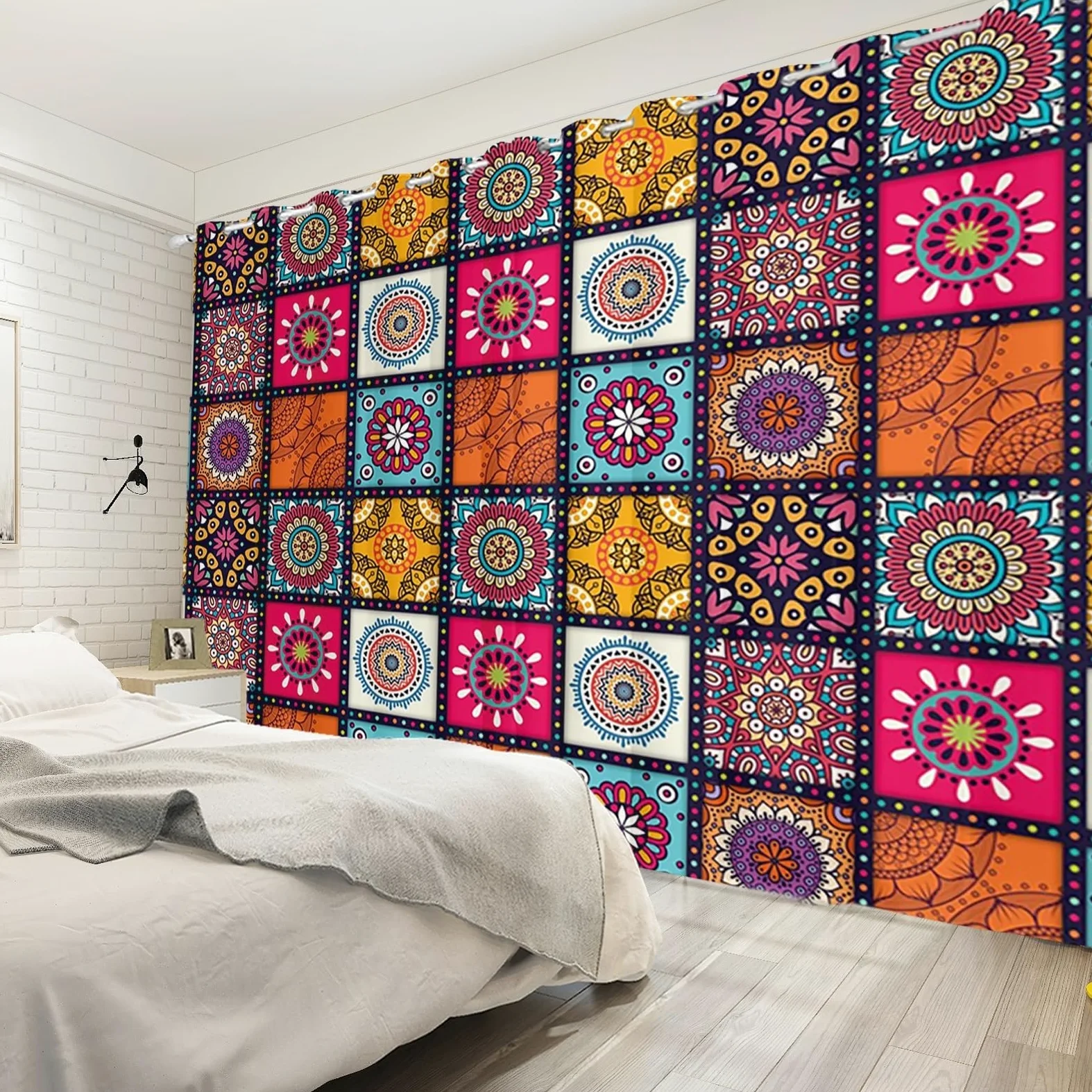 135x245cm Boho Patchwork Rideau à œillets Multicolore Mandala Abstrait Marocain Motif Isolant Thermique Œillets Occultant Rideaux pour fenêtres Chambre Salon Cuisine,2 Panneau