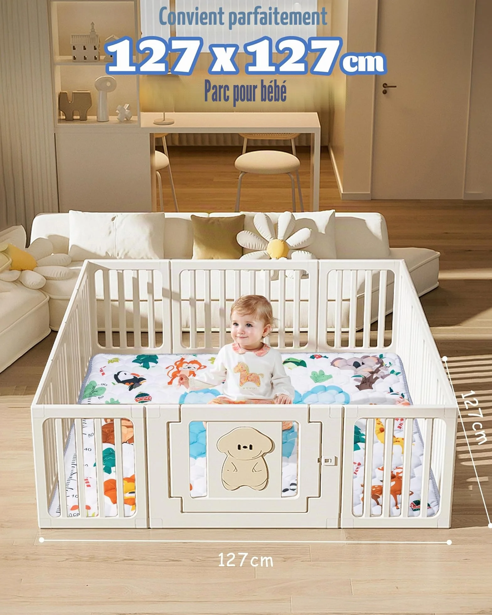 Tapis de Jeux Bébé Antidérapant 127x127cm Animaux Motricité Pliable Coton Épais