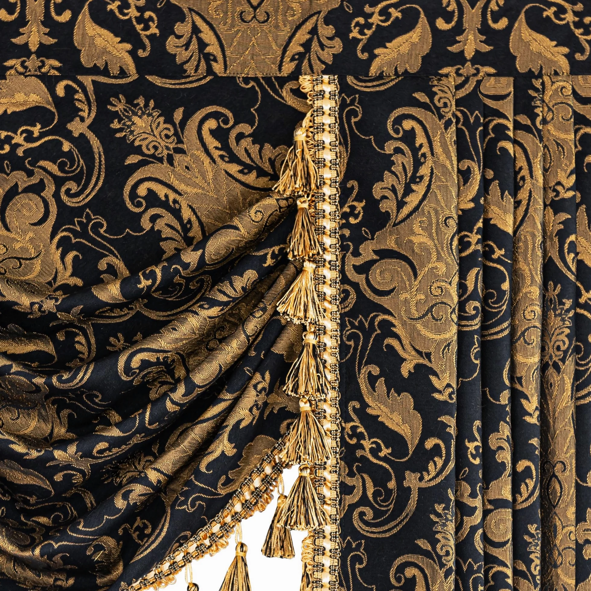 Cantonnière pour fenêtres, motif cascade damassée avec pompons, rideau court pour chambre à coucher, salon, cuisine, traitement de fenêtre avec passe-tringle (largeur 100 cm, noir)