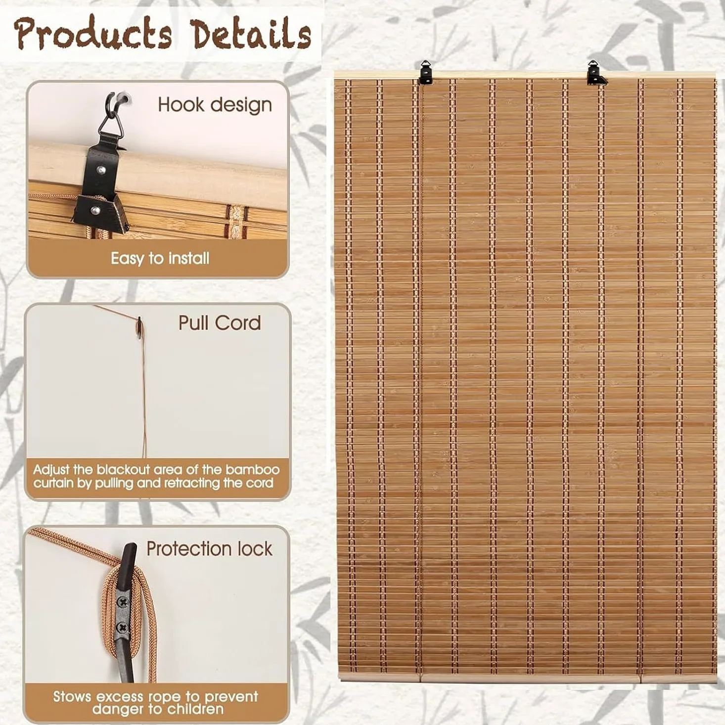 Stores en Bambou pour Fenêtre,Store Enrouleur Bambou Naturel,Store Venitien Bois,Store Bateau à Traction Latérale pour Extérieur/Intérieur,Rideau Occultant,Largeur x Hauteur (60x280cm)