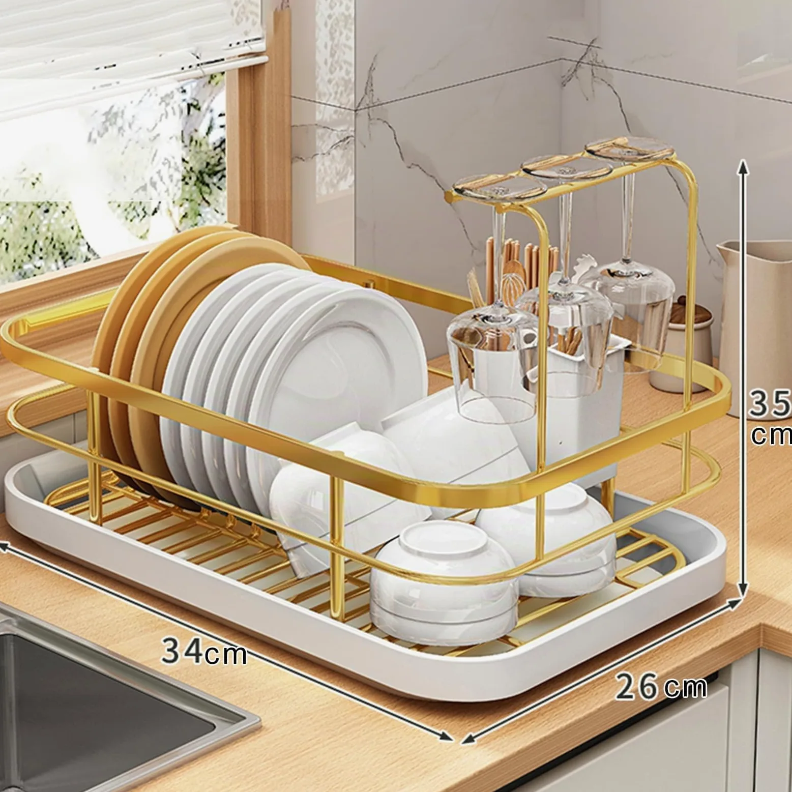 Égouttoir à vaisselle réglable en acier inoxydable avec support à couverts - Design ventilé - Doré
