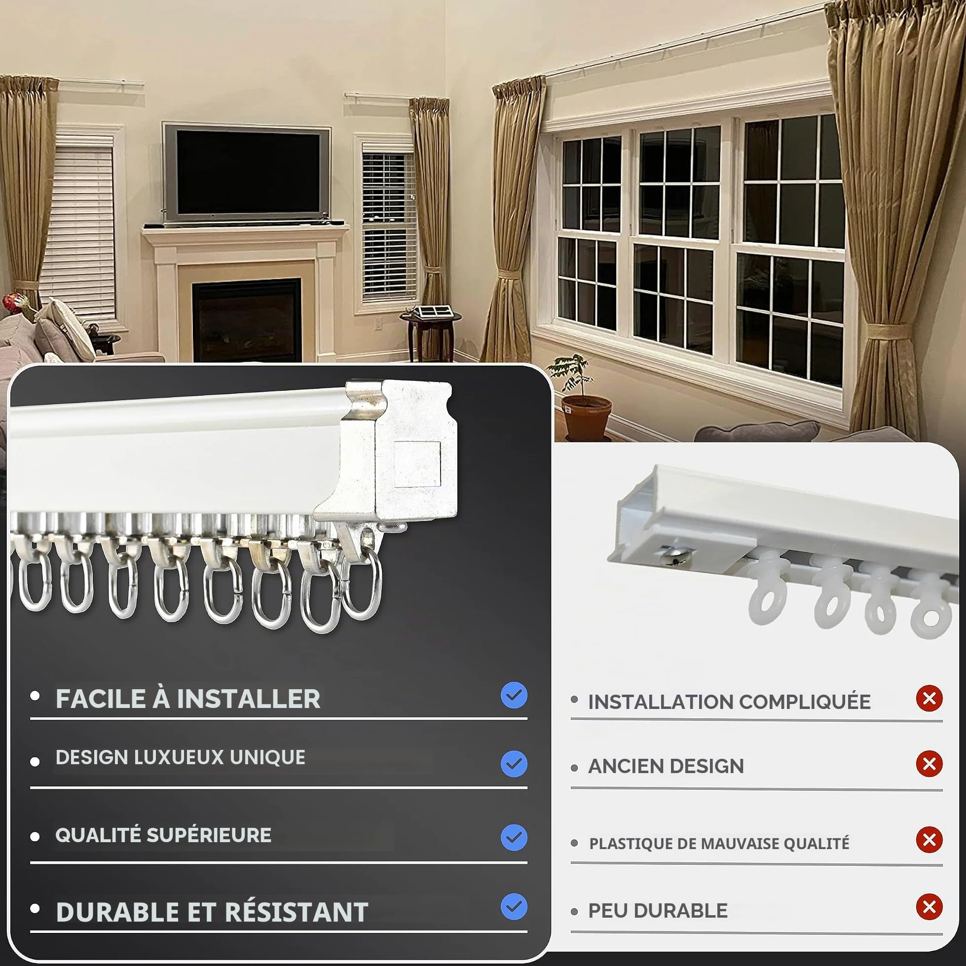 Rail de rideau de 2 mètres, rail de plafond pour rideaux, système de rails de rideaux à fixation murale ou plafond,Séparateur de pièce,Rail de rideau de plafond pour salon, chambre à coucher, douche