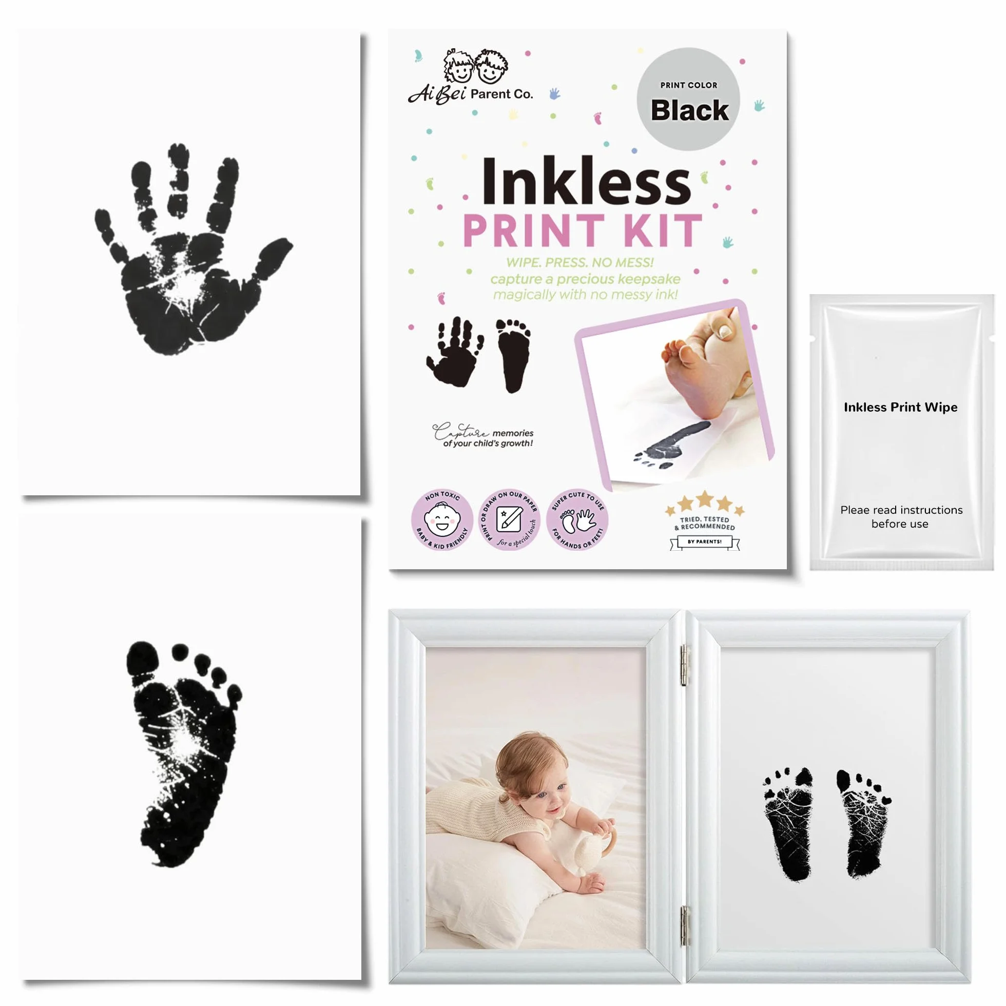 Kit Empreinte Bébé 2pces Pieds et Mains Clean Touch Cadre Photo Souvenirs Noir