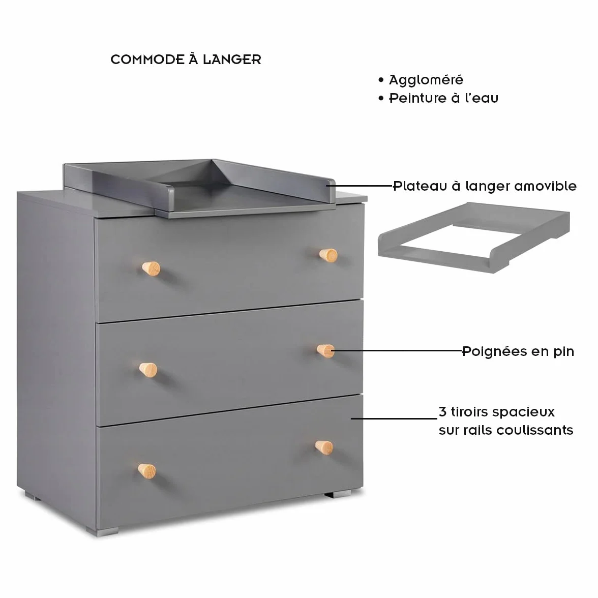 Mon Mobilier Design Pauline Ensemble Commode à Langer + lit bébé Gris/Bois 120x60 cm