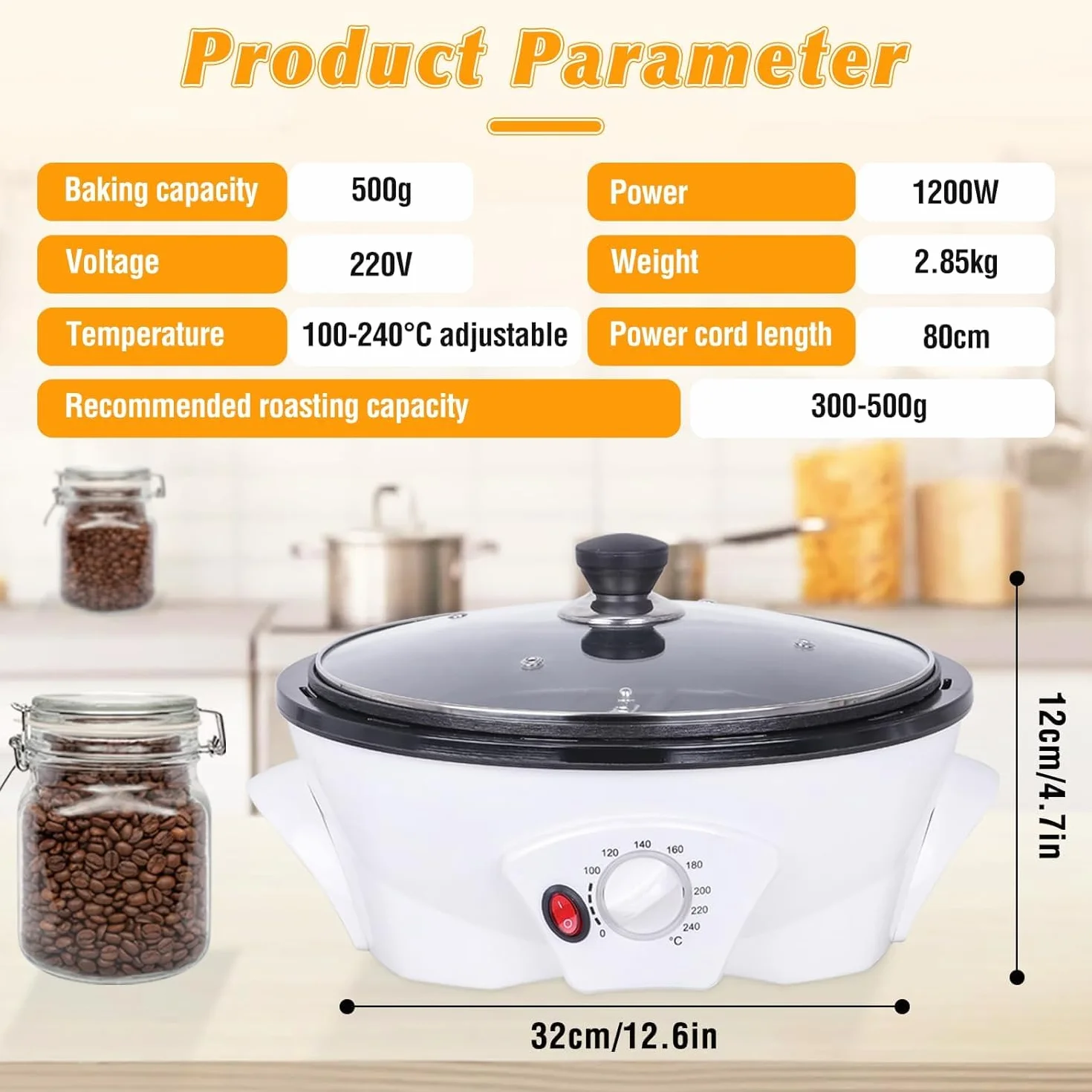 Torréfacteur à café électrique 1200 W réglage température 0-240 °C pour maison