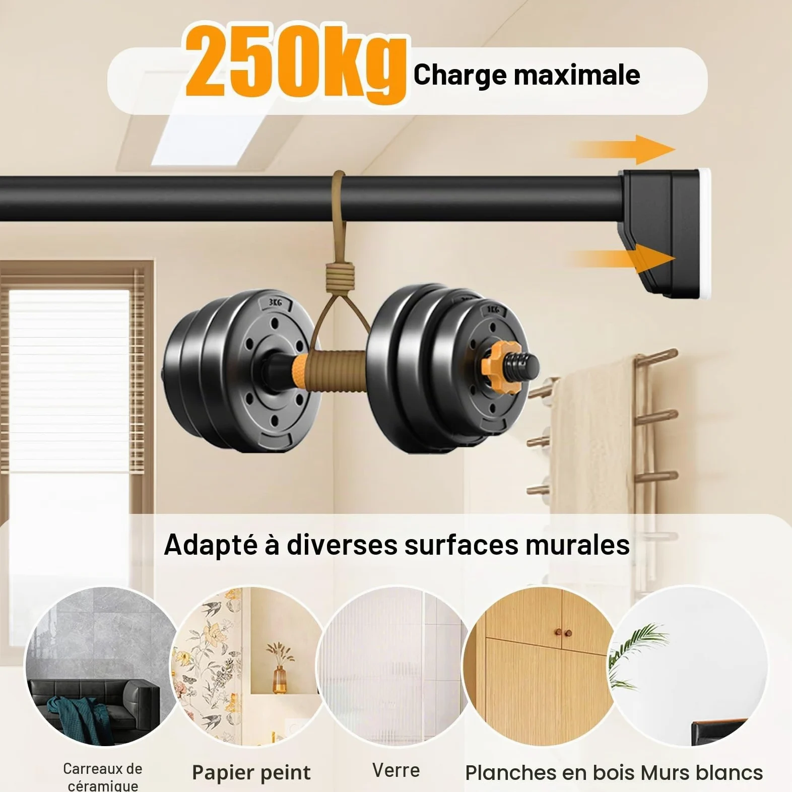 Tringle à Rideau de Douche Réglable 40-490cm, Tringle télescopique sans perçage, ne rouille jamais Tringle à rideau extensible pour rideaux de salle de bain et chambre à coucher(Noir,310-400cm)