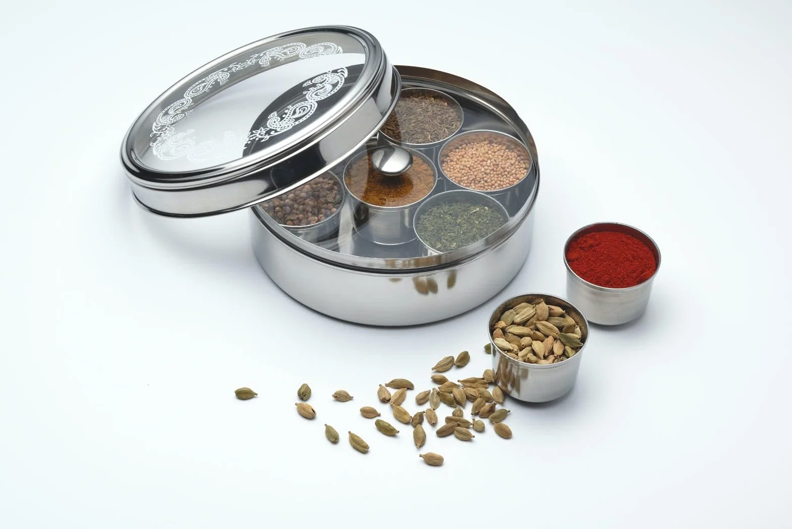 KitchenCraft World of Flavours Boîte à épices indienne Masala Dabba 7 pots acier inoxydable 17 x 7 cm argenté