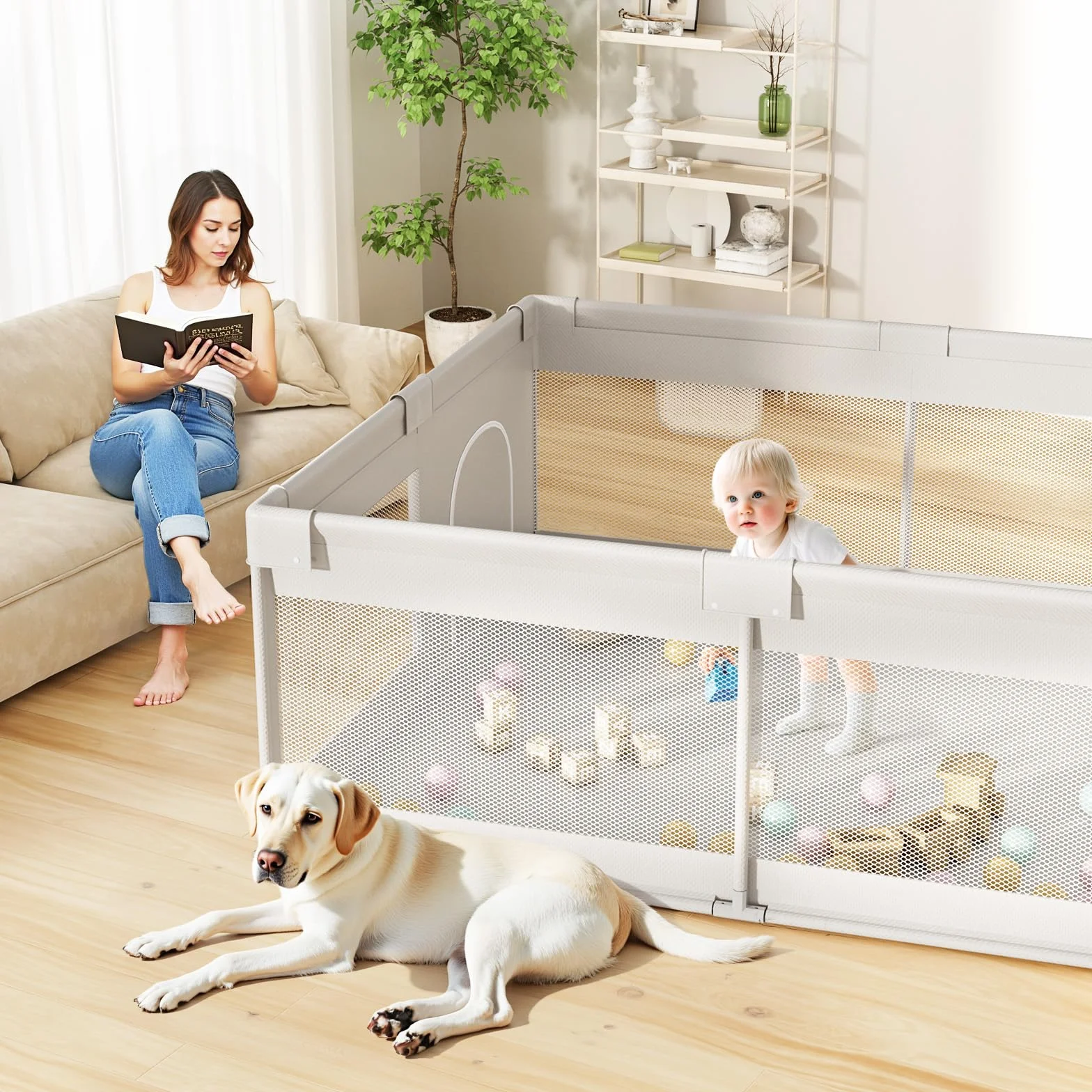 Grand parc pour bébé 175x150x64 cm XXL avec filet respirant antidérapant pour salon et jardin