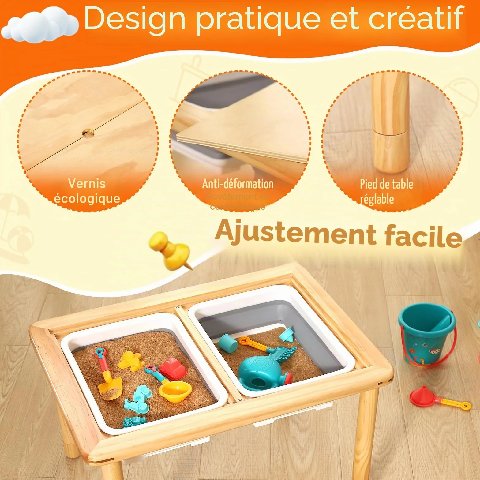 FUNLIO Table sensorielle en Bois avec 2 bacs pour Les Enfants de 1 à 5 Ans, Table sensorielle pour Enfants à Hauteur réglable sur 3 Niveaux, de Jeu pour l'eau et Le Sable, certifiée CPC