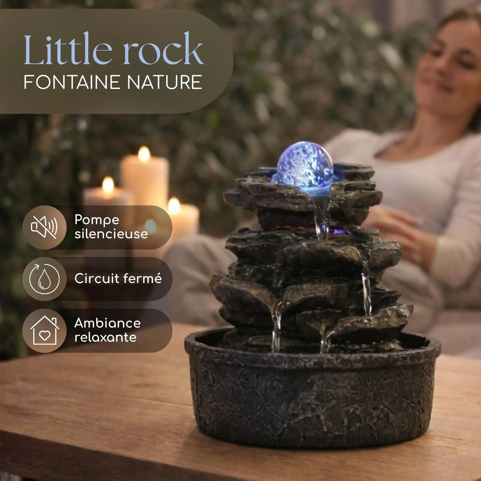 Zen'Light Fontaine d'Intérieur Little Rock Cascade Nature Effet Pierre Lumière LED Coloré H23cm