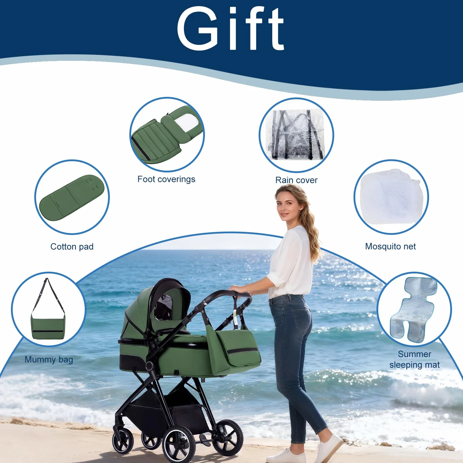 Poussette 3 en 1 avec Nacelle Pliable, Trio Poignée Réglable, Roues PU, pour Enfant de 0 à 3 Ans - Kaki Beige