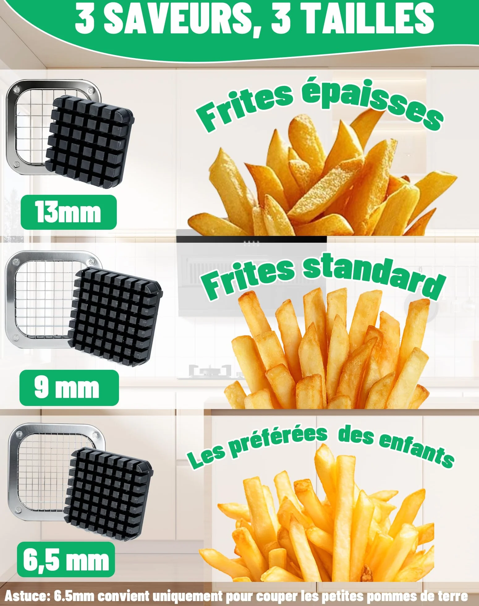 LAOYE Coupe Frite Professionnel Manuel 9 mm 6.5 mm 13 mm Lames 4 Ventouses