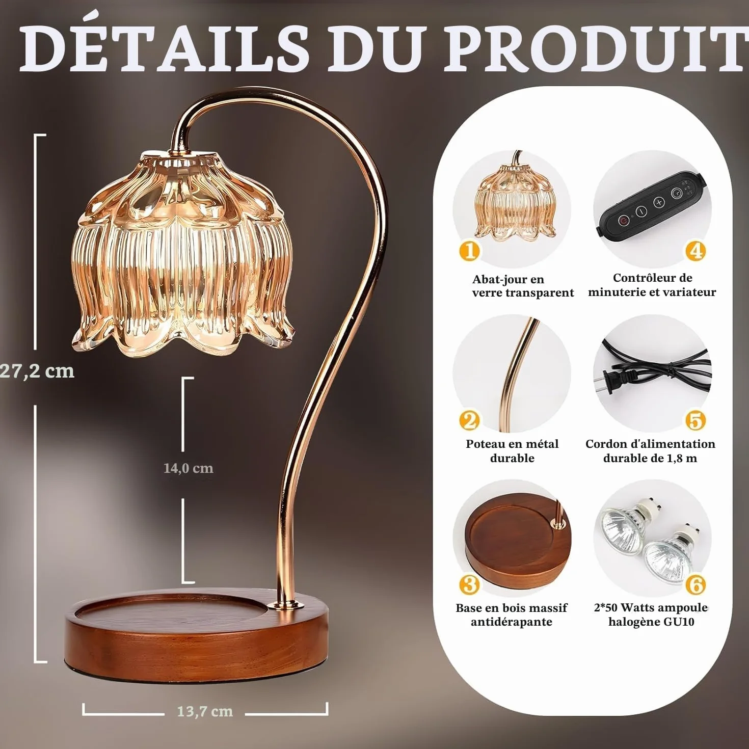 Lampe chauffe-bougie avec variateur d'intensité et minuterie pour bougies parfumées en pot - 2 ampoules