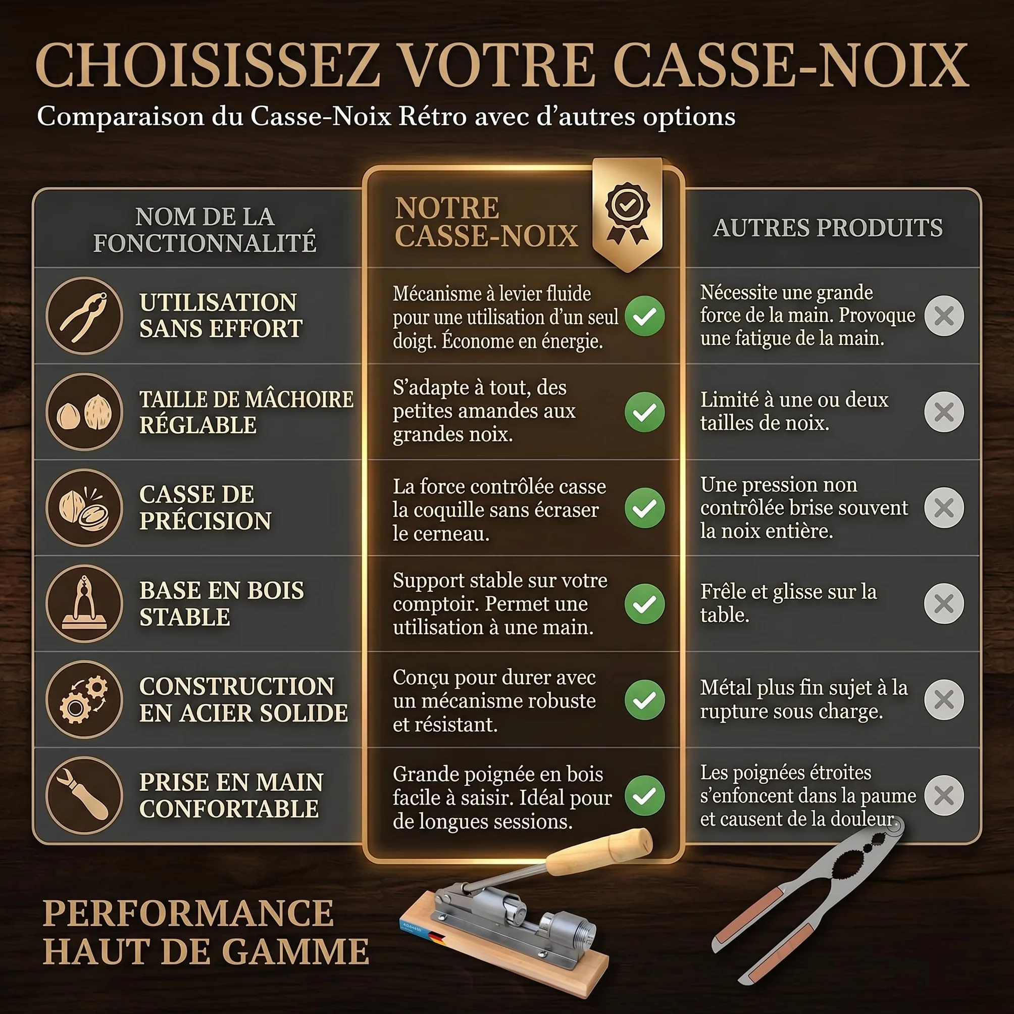 Casse-noisettes en acier inoxydable avec levier réglable