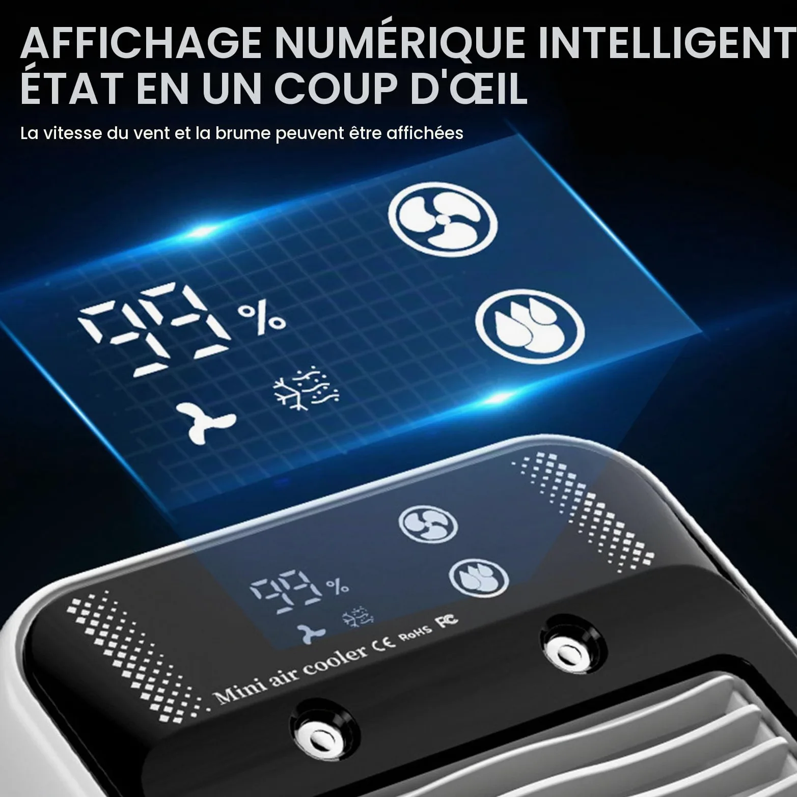 Mini Rafraîchisseur d’Air Bureau USB Rechargeable avec Brume | Batterie 3000mAh, brumisation, affichage digital, poignée, 2 modes d’air, moins de 55dB, format compact.