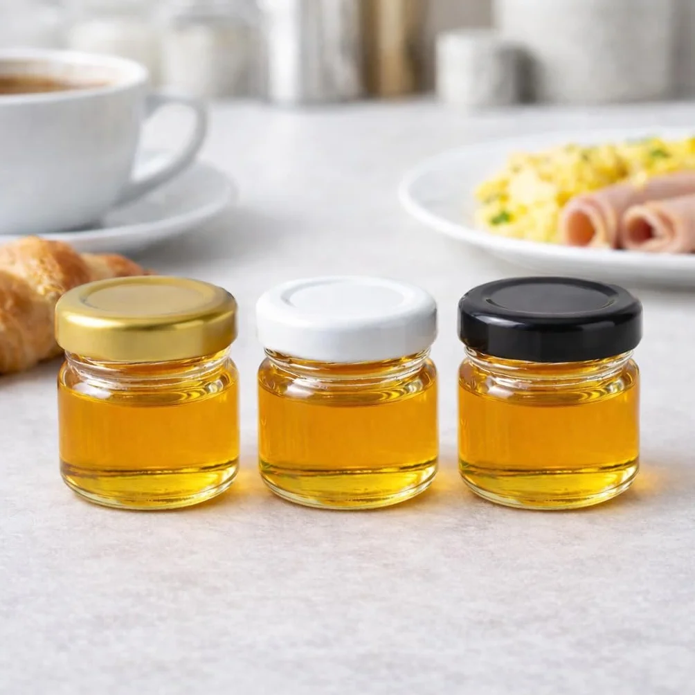 Mini Pots en Verre 40 ml à Épices avec Couvercle à Visser, Lot de 100 Bocaux Ronds à Confiture et Miel (Couvercles Dorés)