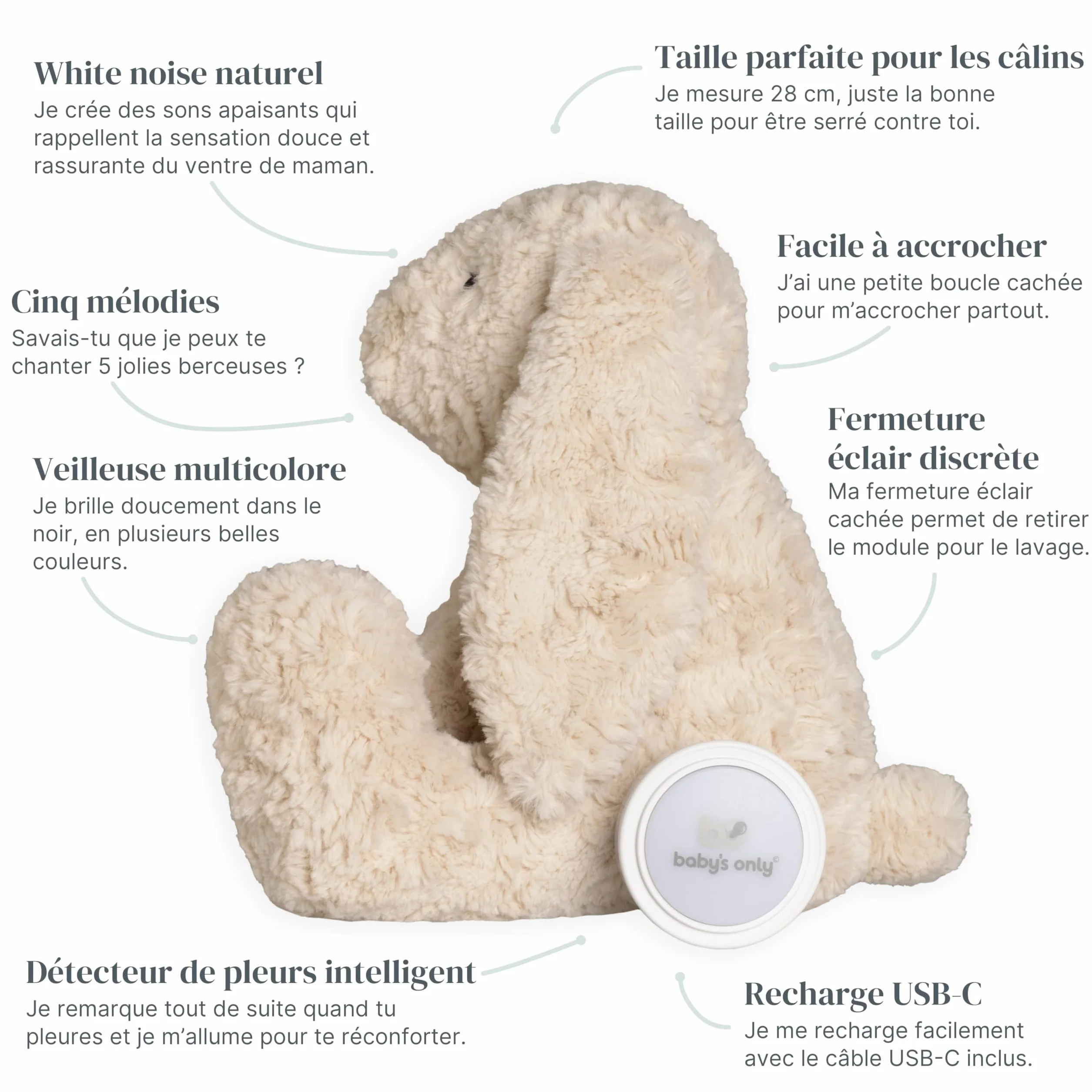 Baby's Only Bibi le lapin en peluche avec entraîneur de sommeil musicale veilleuse bruit blanc bébé Warm Linen