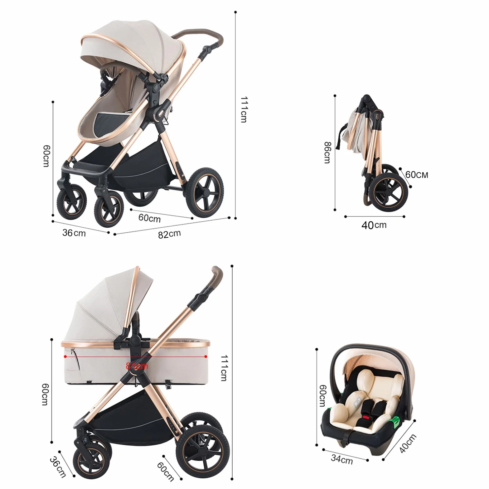 Poussette Combinée 3 en 1 Cadre Aluminium Paysage Haut Poignée Réglable D2 BLUE H2-D