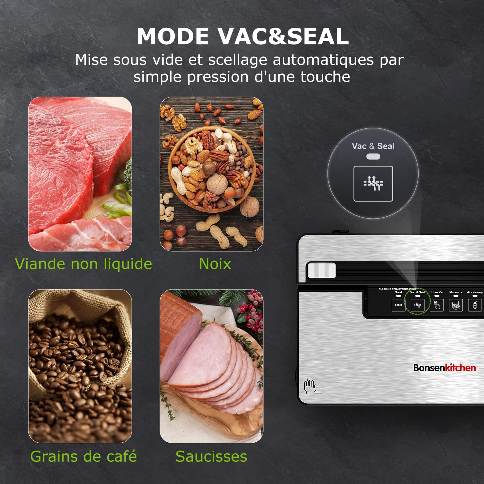 Bonsenkitchen Machine Sous Vide Alimentaire, 5 Modes-8 L/min, Technologie Globefish, 5 Sacs Sous Vide et 1 Sac en Rouleau