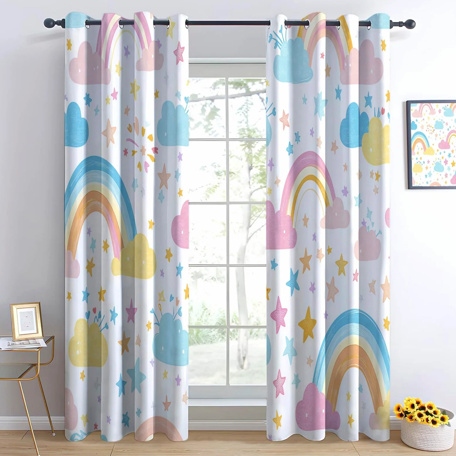 Arc en Ciel Nuages Étoiles Rideau Occultant, Blanc Rideau Thermique Isolant Tenture Opaque à Oeillets Draperies IntéRieurs pour Chambre Salon Décoration 2 Panneaux 92L x 214H cm