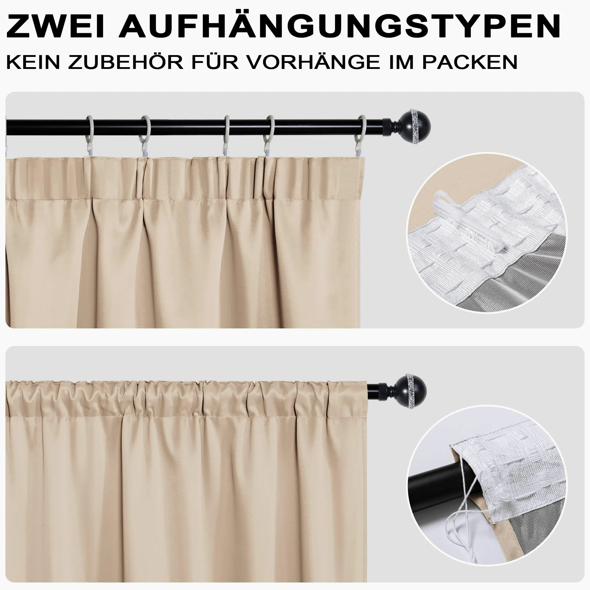 XWZO Lot de 2 rideaux 100 % opaques pour salon, avec galon fronceur, rideaux pour chambre à coucher, double épaisseur occultants, thermiques, protection contre le froid, 245 x 140 cm (H x l) - Crème