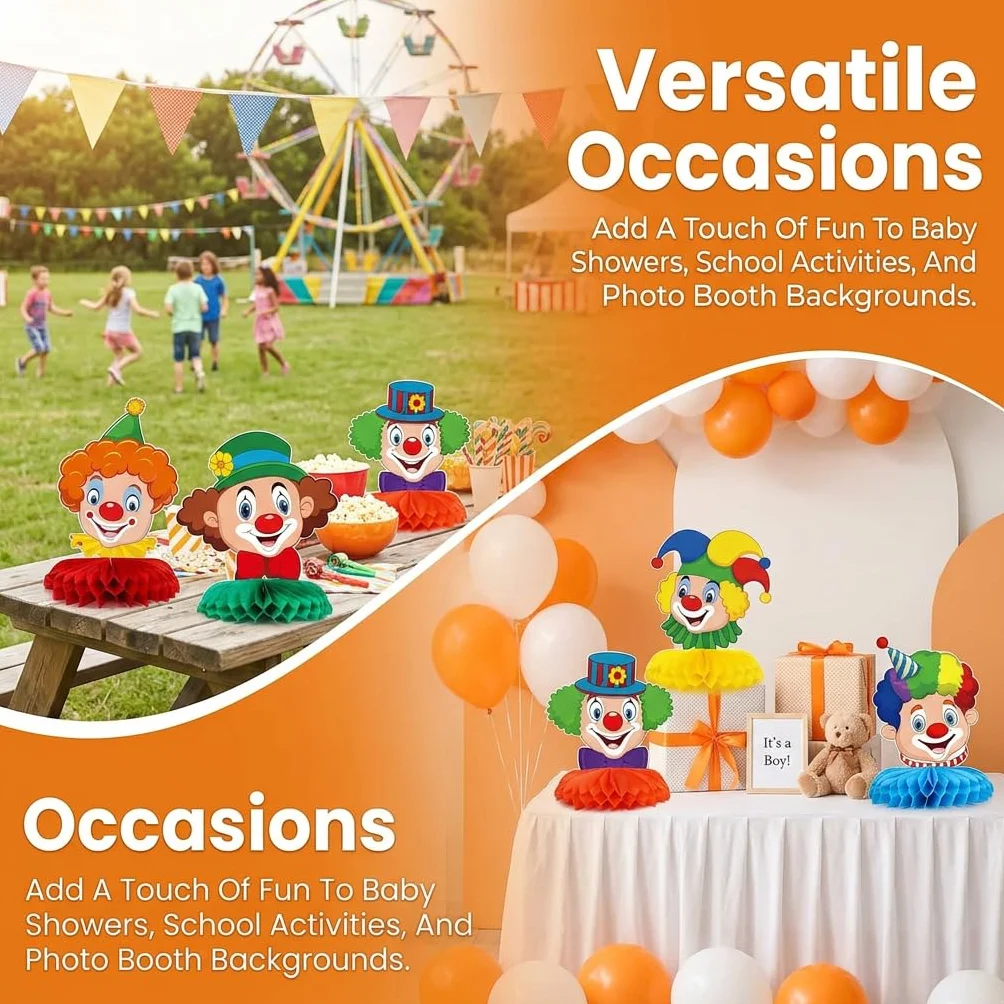 Lot de 6 Décoration Carnaval Clown Nid d'Abeille Centre de Table Cirque 3D Fête Anniversaire Enfant Mardi Gras Ornements Papier Alvéolé