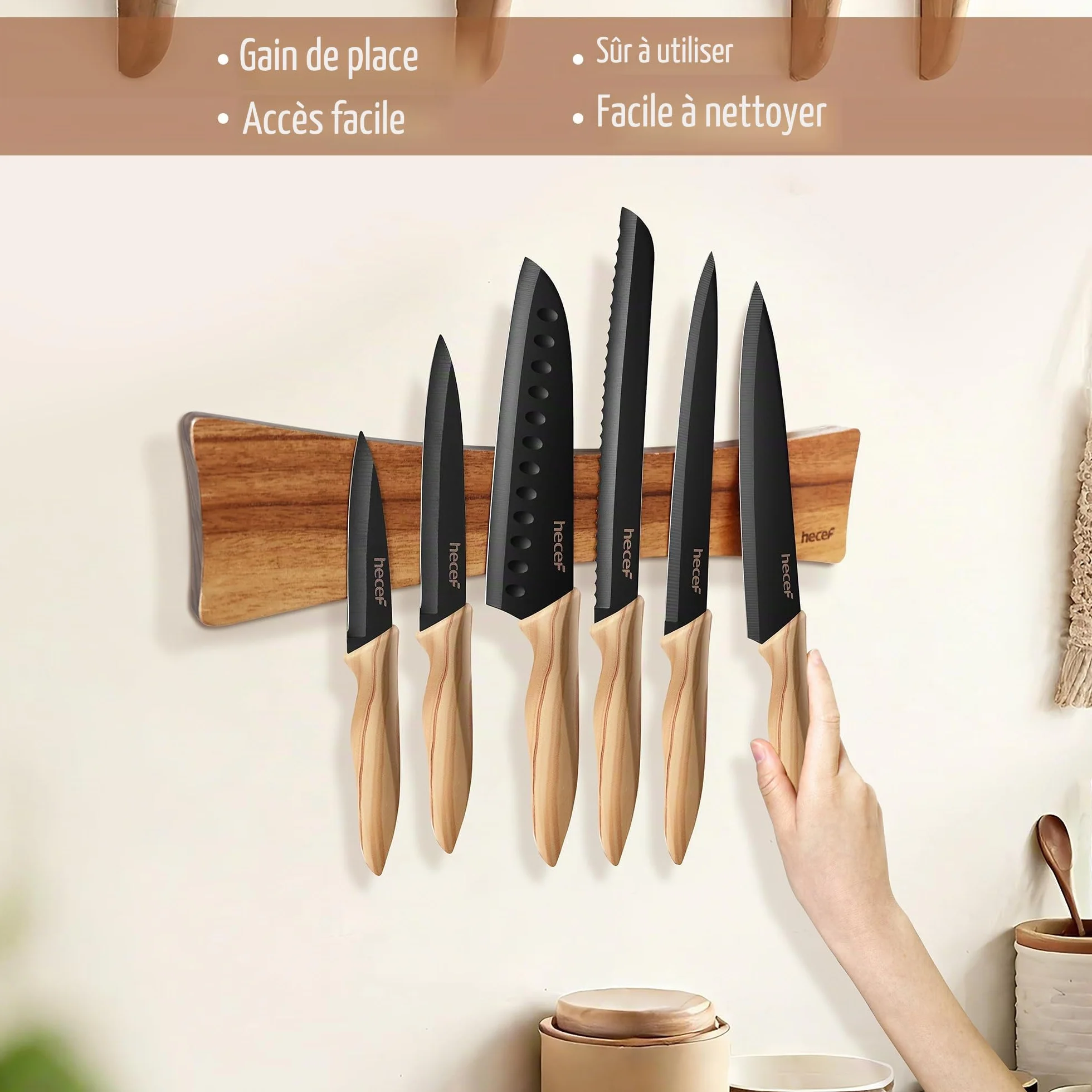 Barre Magnétique pour Couteaux en Bois Stable, Support Mural Aimanté 40,6 cm, Design Ailes de Papillon