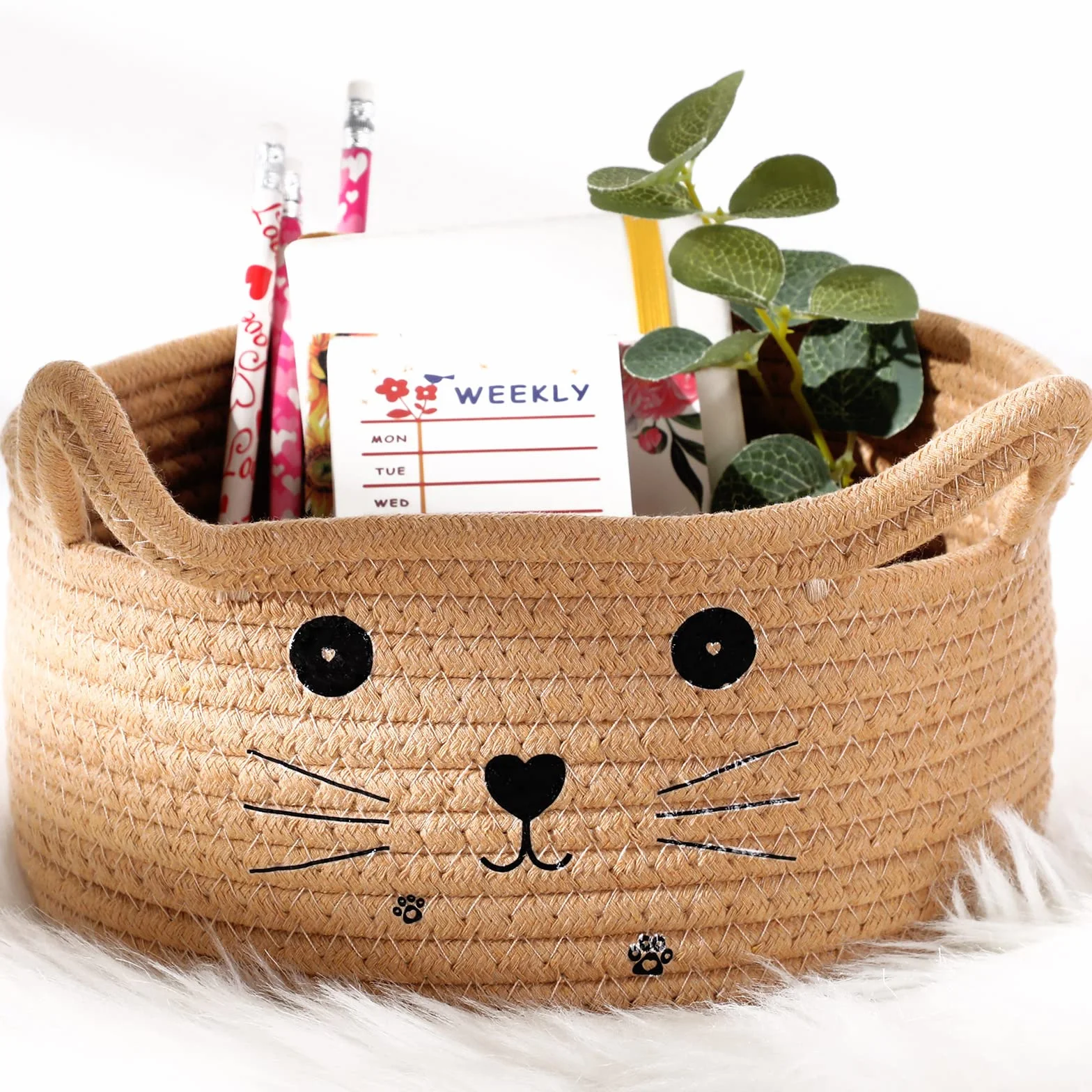 Panier de rangement tissé décoratif en forme de chat avec oreilles en corde de coton pour animaux de compagnie 21 x 12 cm Kaki