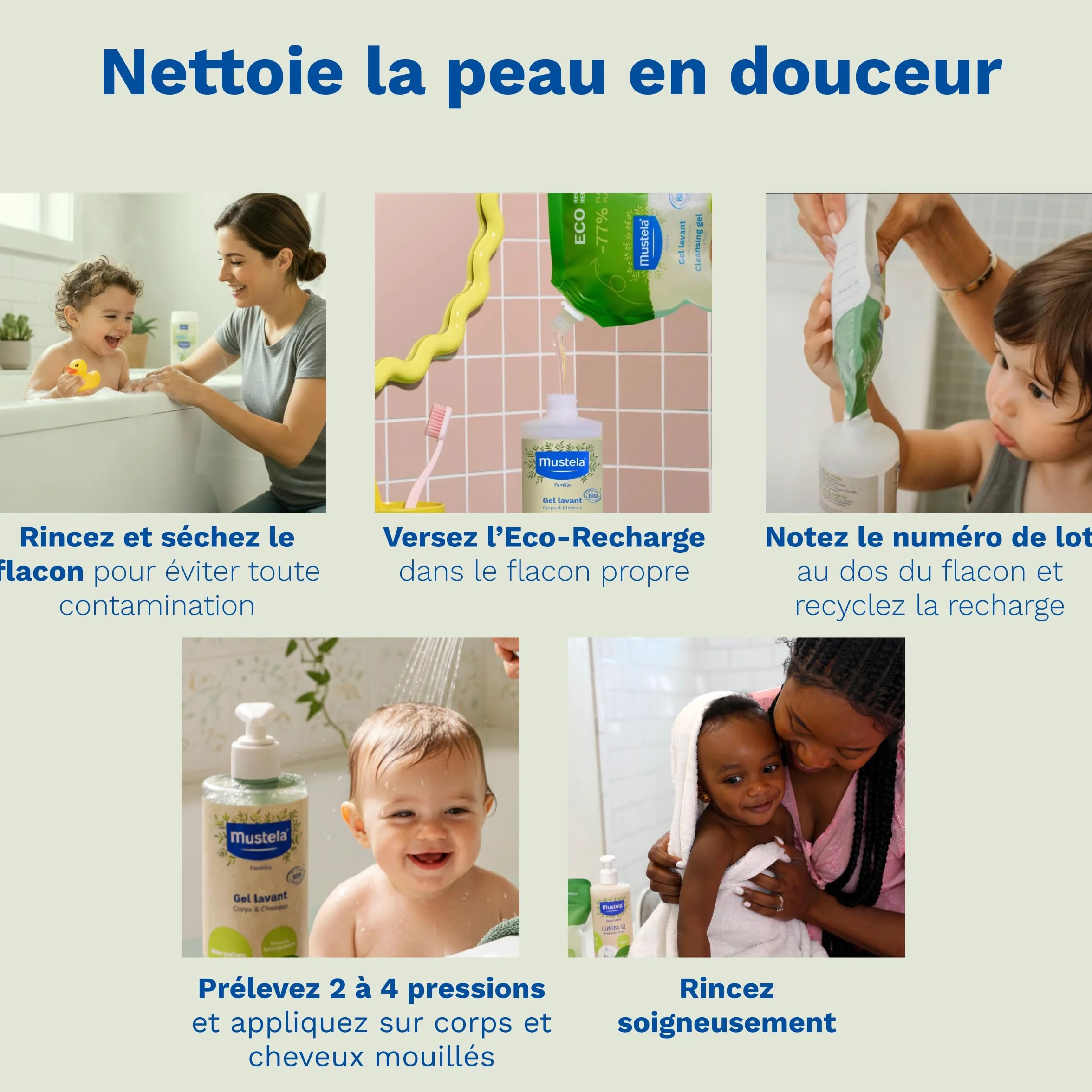 Mustela Gel Lavant Bébé Eco-Recharge Vegan Nettoyage Doux Huile d'Olive Bio 97% d'ingrédients d'origine naturelle