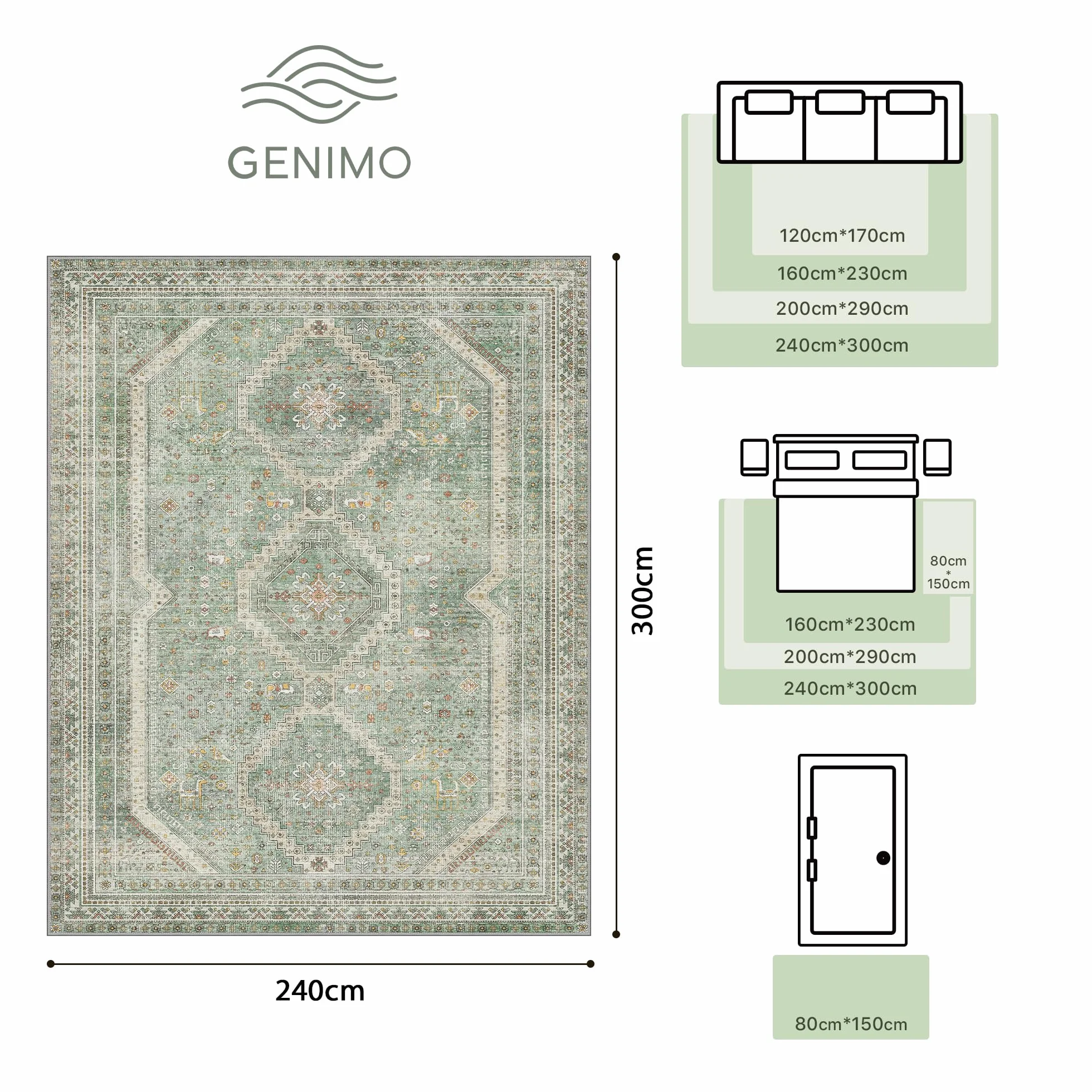 Tapis Salon Vintage Moquette Lavable en Machine 240x300CM Vert