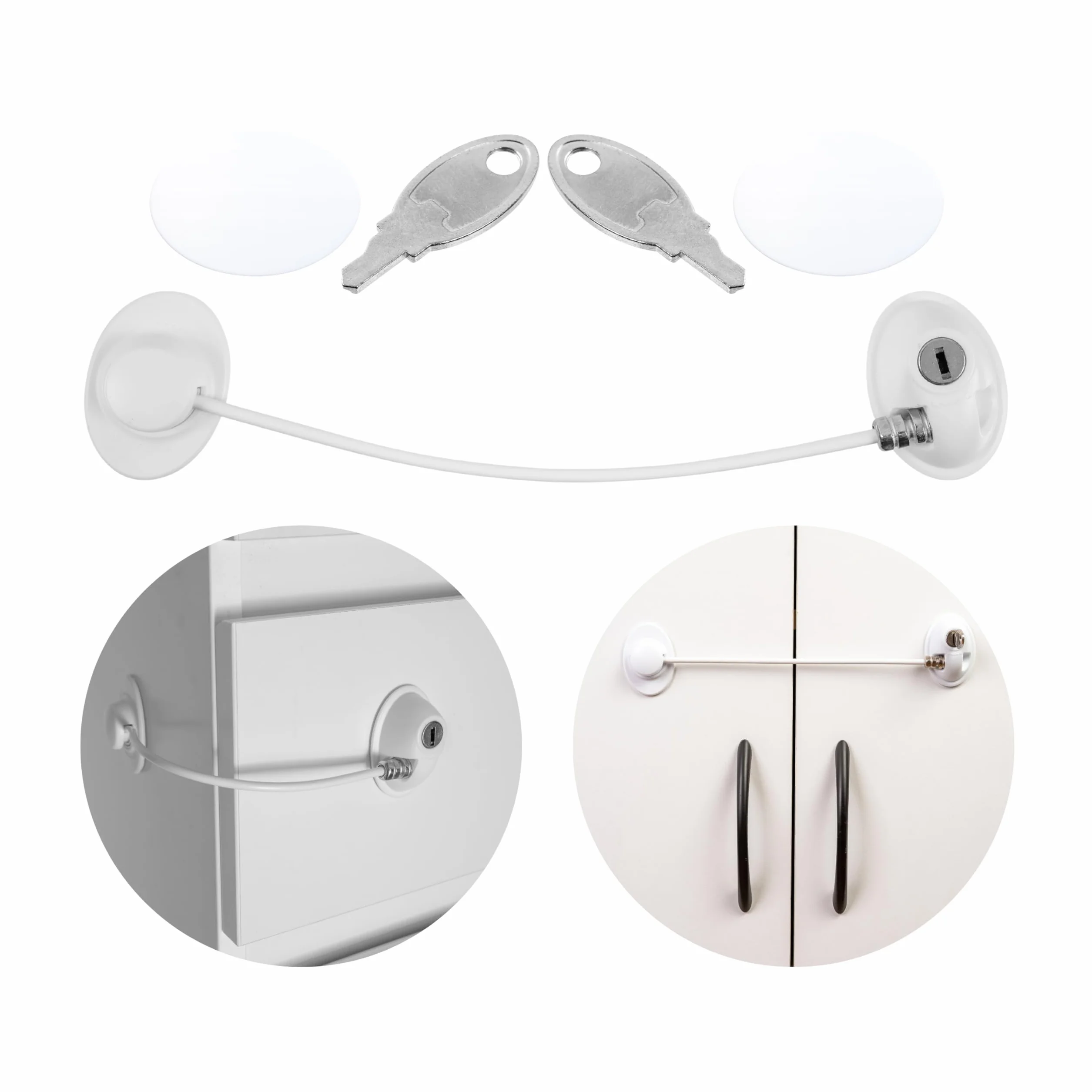 Serrure adhésive verrouillable pour sécurité enfant, 1 pack, blanc, 2 clés, pastilles adhésives de rechange