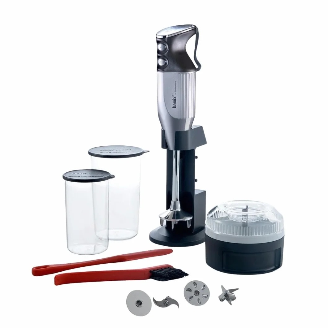 Bamix M350 MAXX mixeur plongeant 300 W avec support, 2 récipients, 4 accessoires, argenté/chrome
