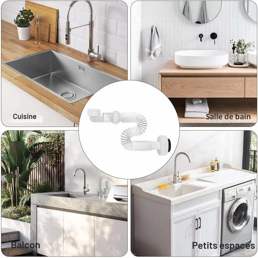 Siphon Lavabo Evier Cuisine 1 1/4 Zoll Plastique Gain de Place Adaptable à l'épreuve des Odeurs Tuyau de Vidange Flexible Universel