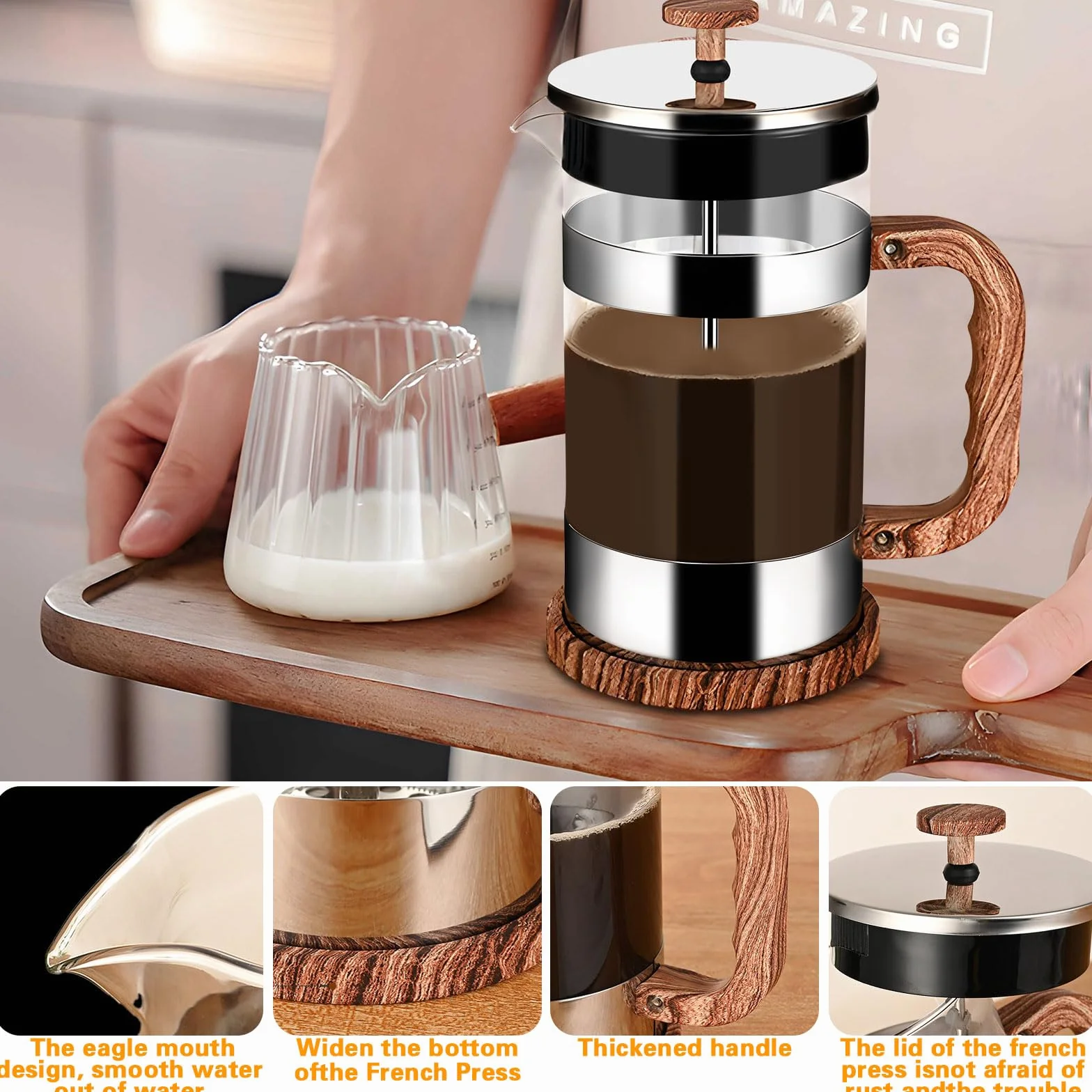 Cafetière à Piston en Verre 1000ML, Presse Française Résistant à la Chaleur avec Filtre en Acier Inoxydable