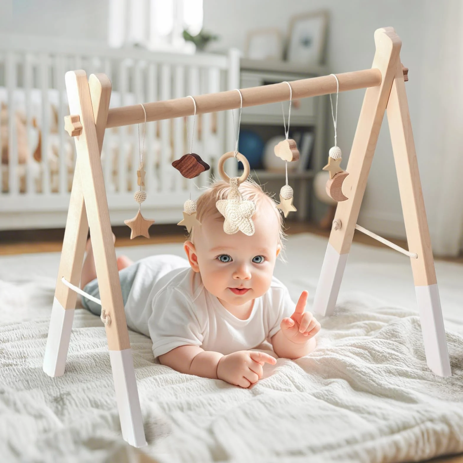 Arche de Jeu Bébé Bois Centre d'Activité Bébé Beige Etoiles Design Amovible